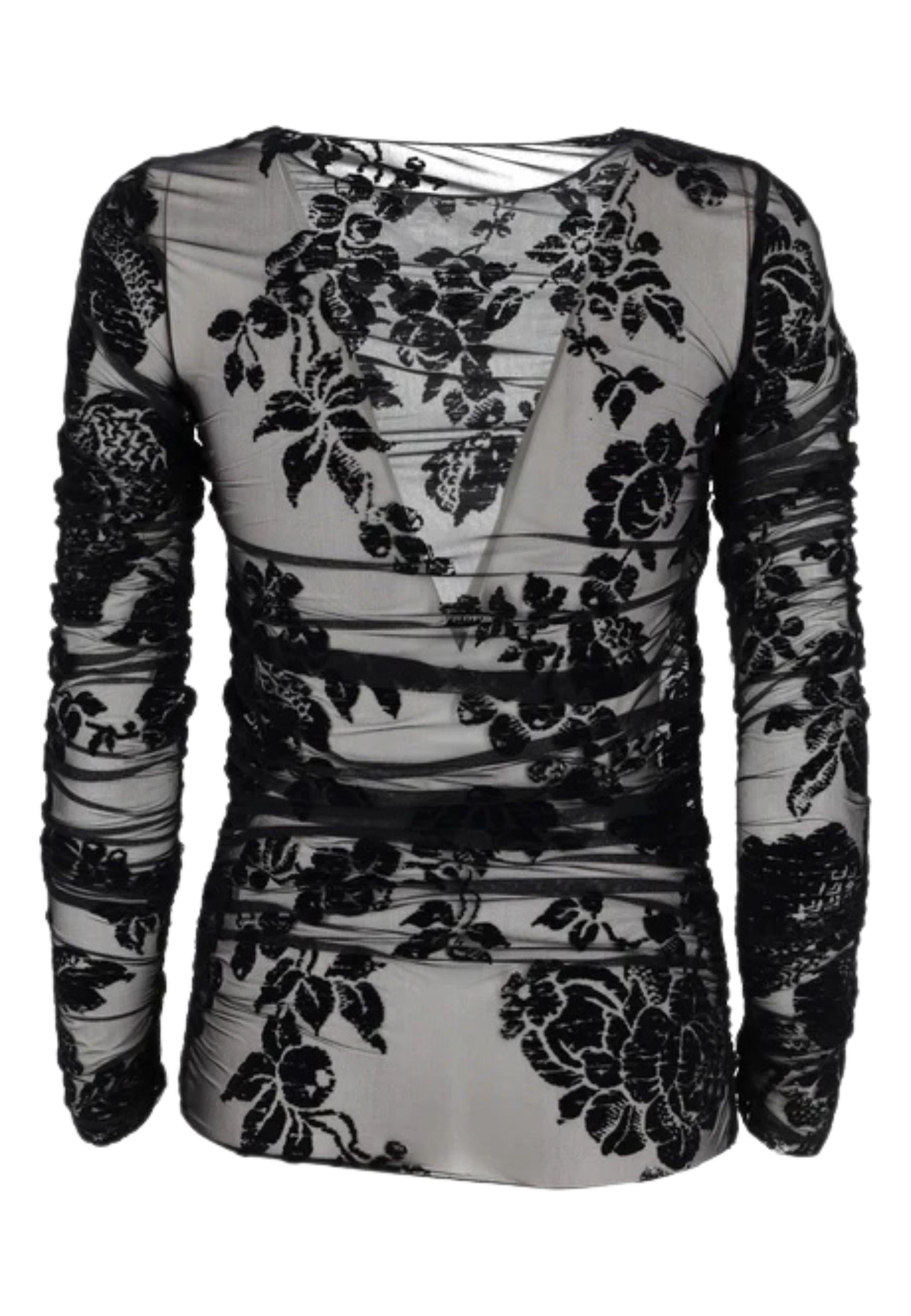 Maglia Trasparente in Tulle con Stampa Flock Floreale