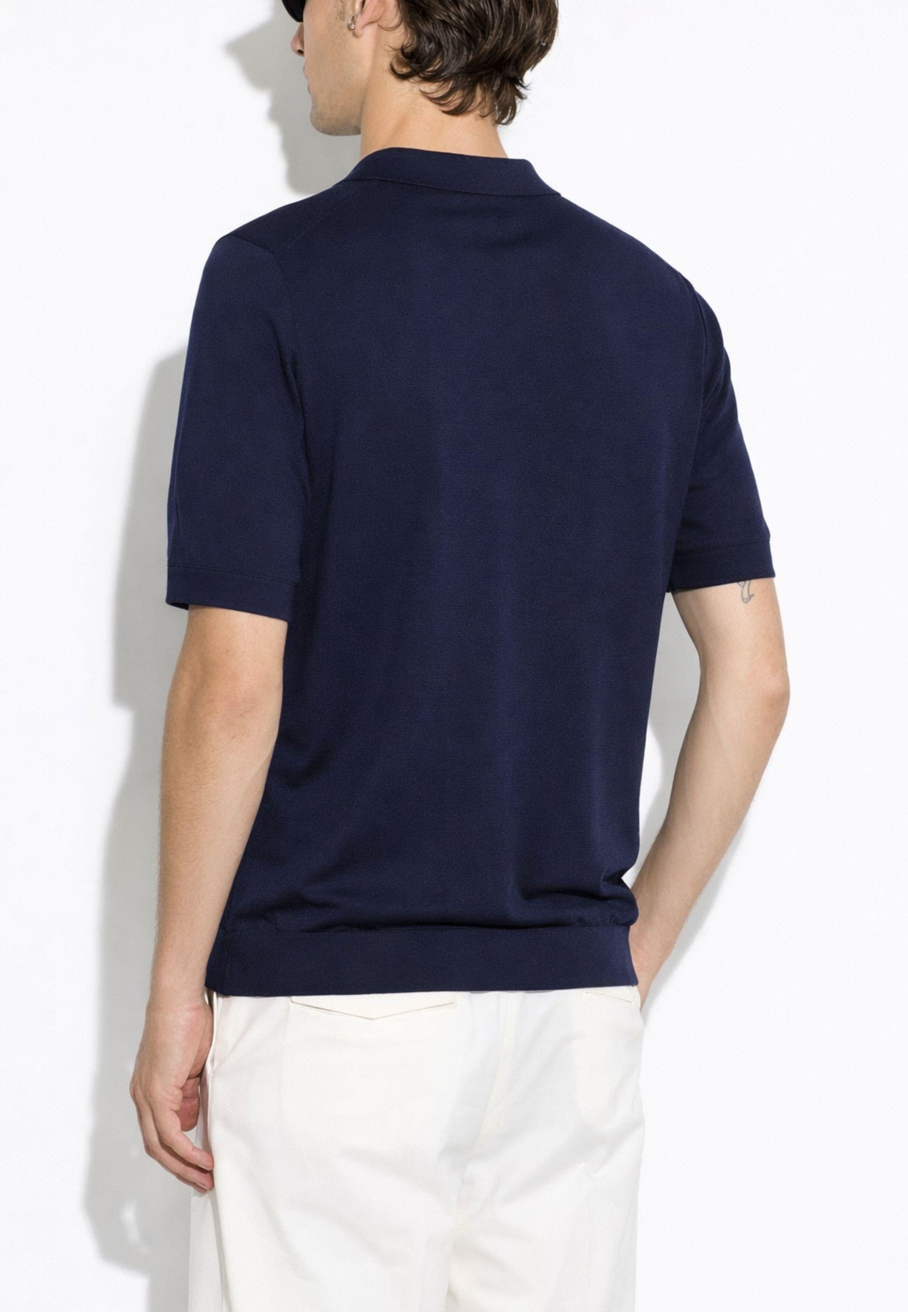 Paolo Pecora - Polo in seta e cotone blu navy con bottoni in madreperla