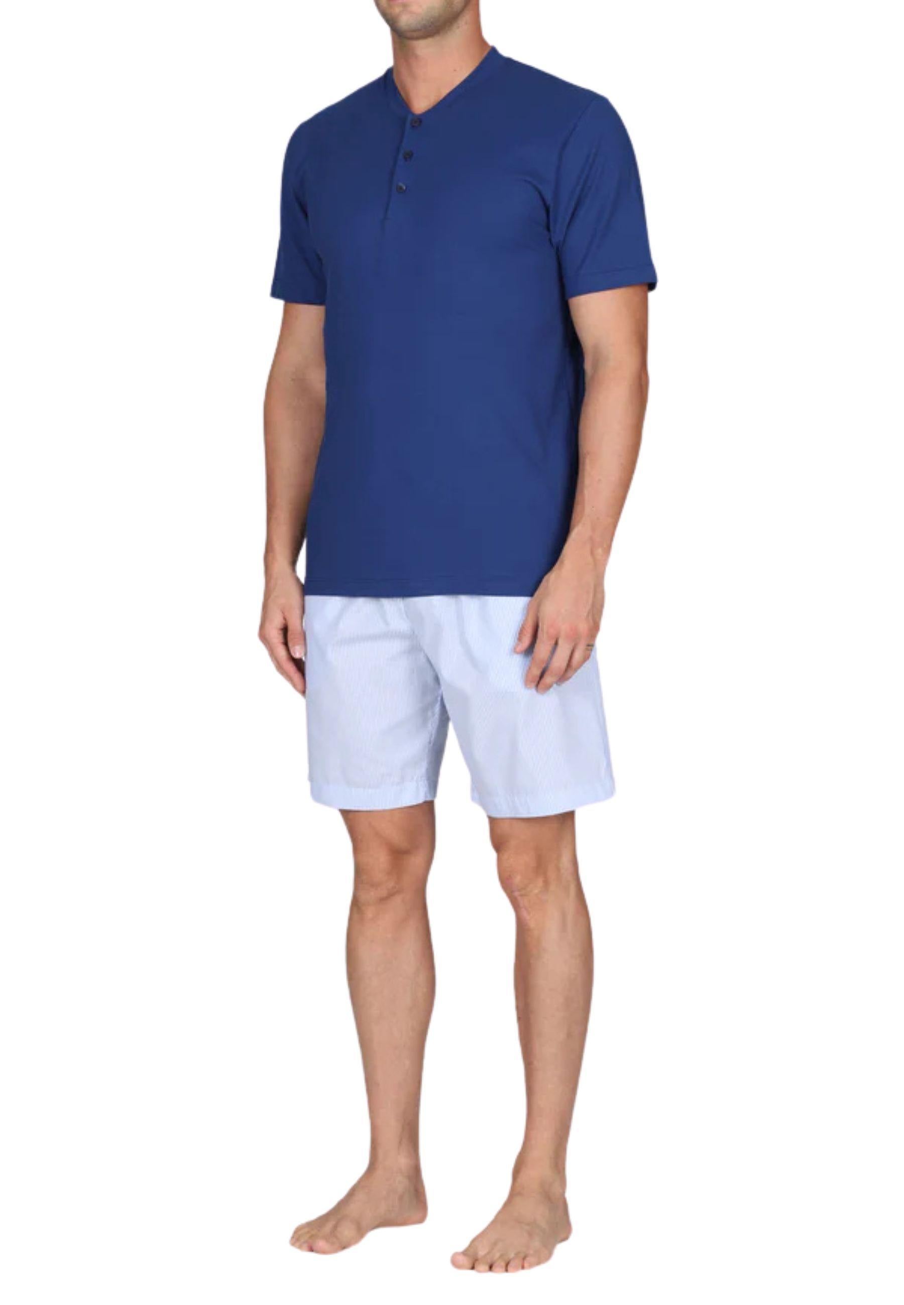 Pigiama corto serafino in popeline e jersey bluette, per un comfort contemporaneo