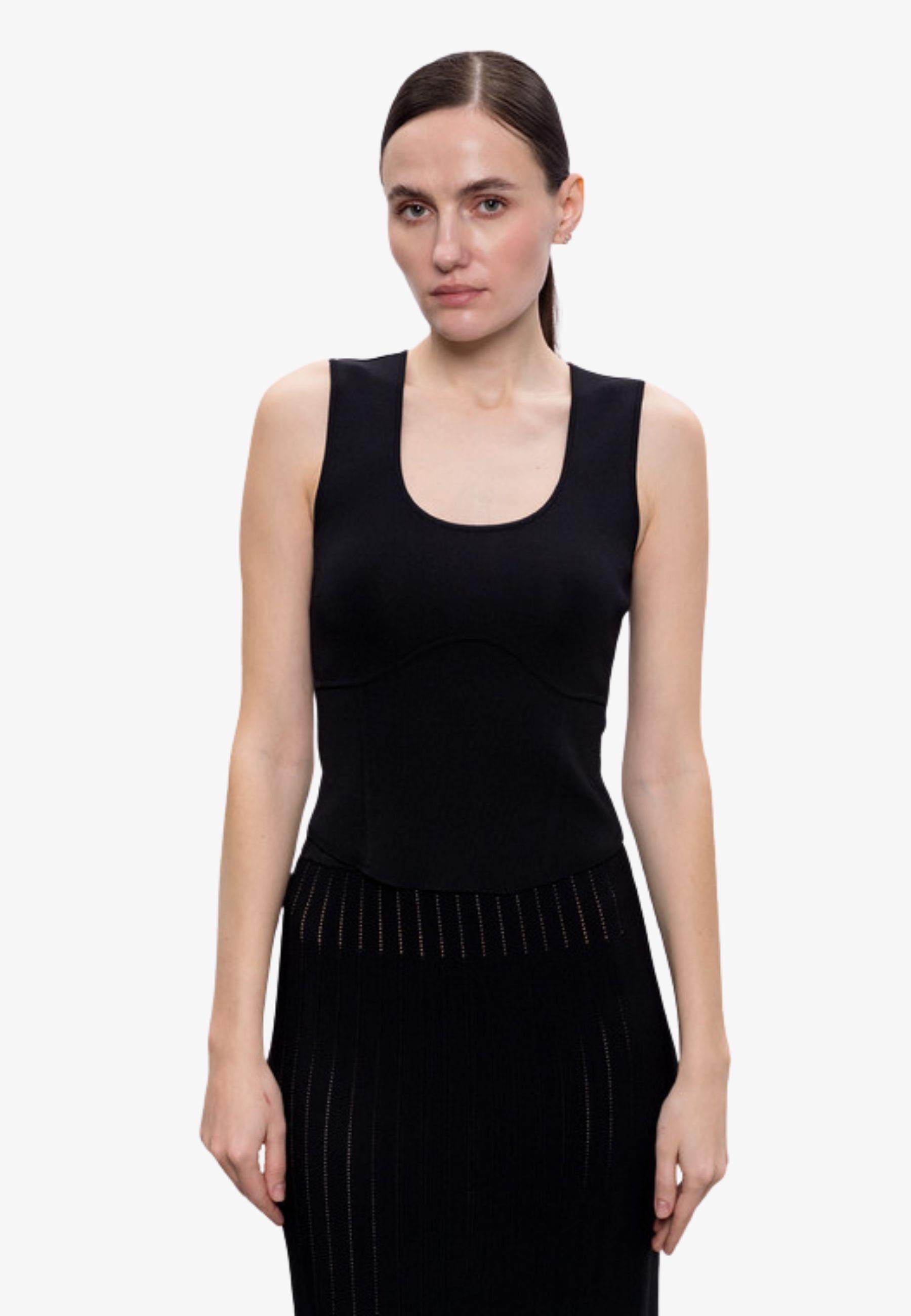 Top in maglia stretch nero con logo Oval T