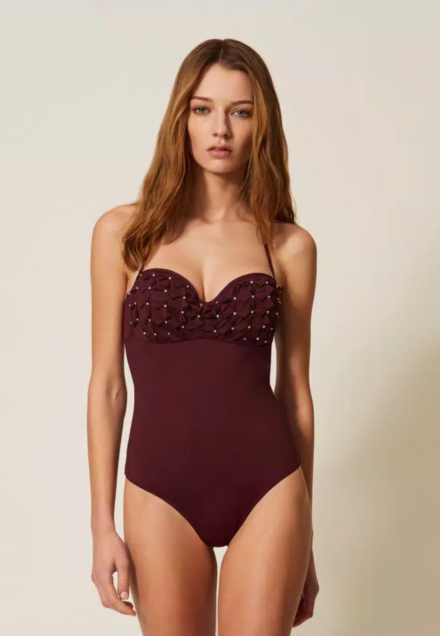 Twinset Costume Intero Origami con Strass Bordeaux