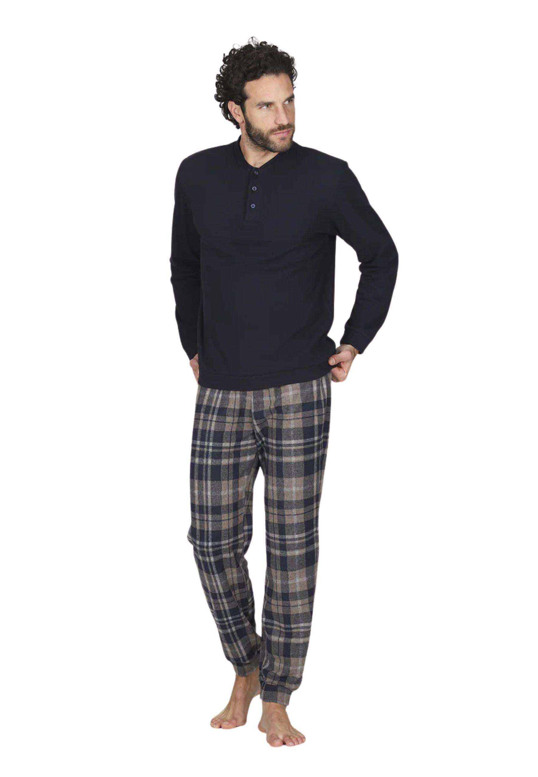 Pigiama serafino tuta, in confortevole jacquard scozzese blu