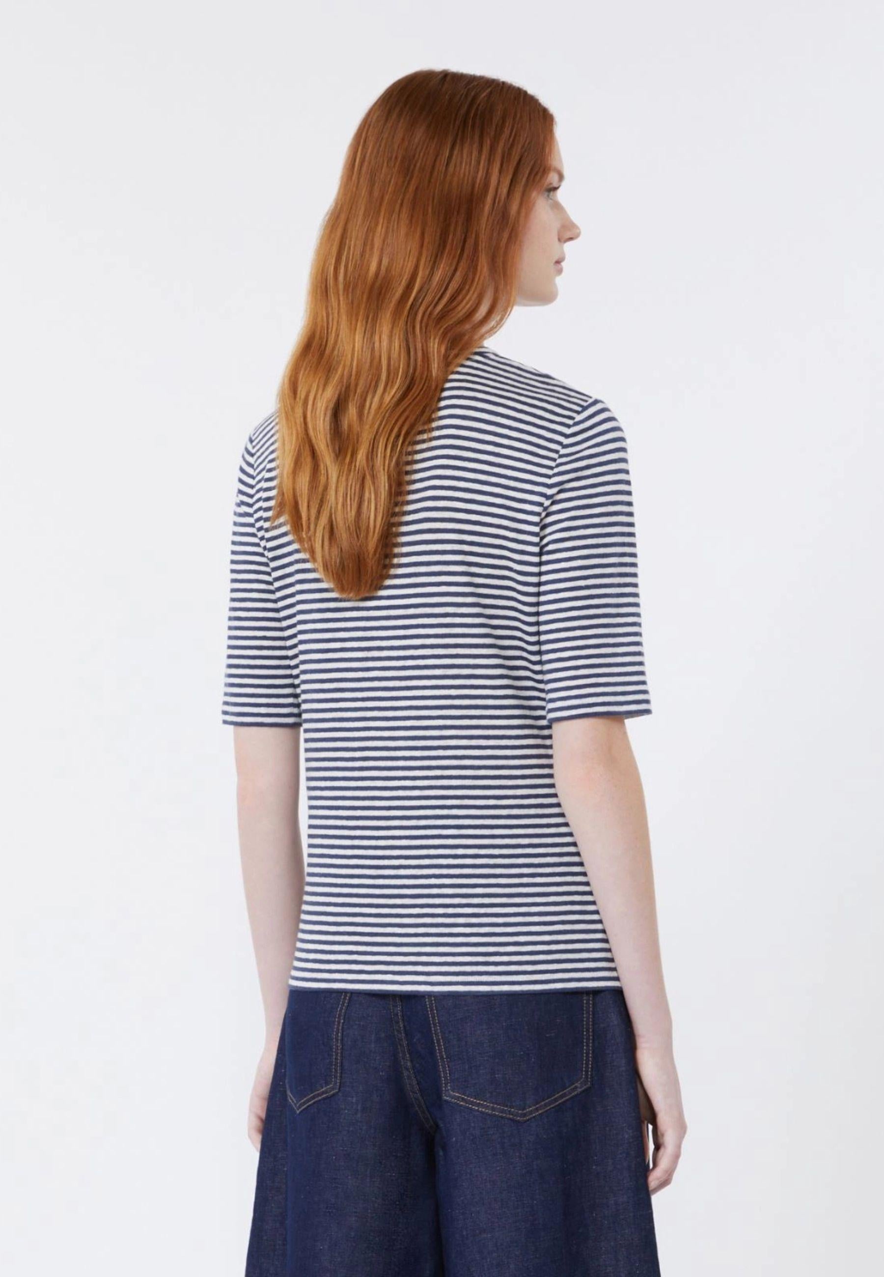 T-shirt a V in jersey di lino stretch - BLU MARINO