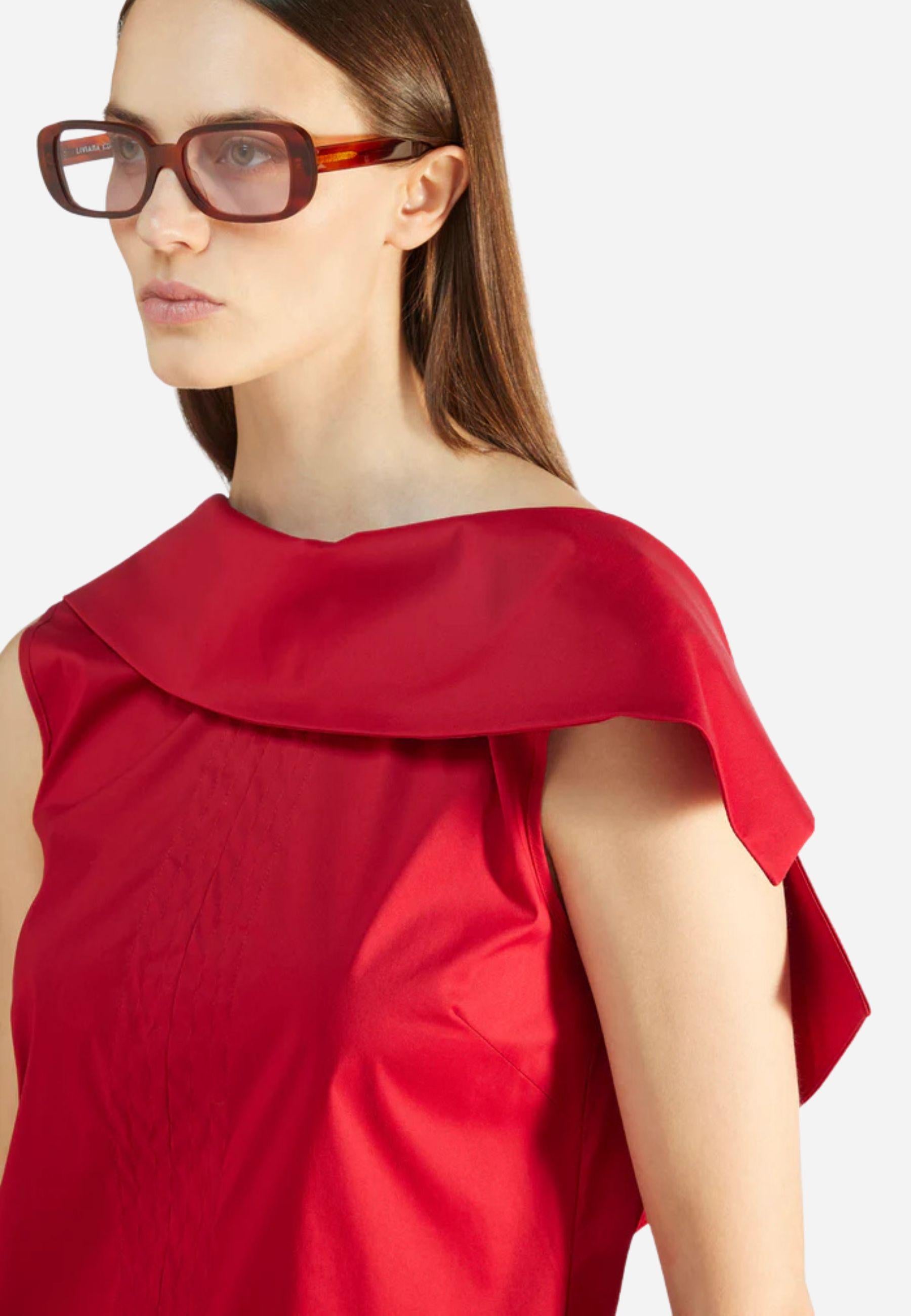 Abito midi rosso con scollo asimmetrico e schiena scoperta<BR/>