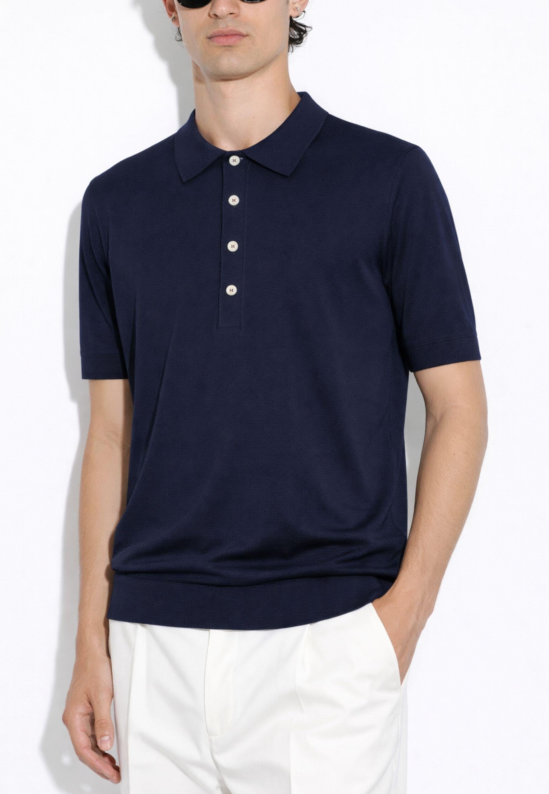 Paolo Pecora - Polo in seta e cotone blu navy con bottoni in madreperla