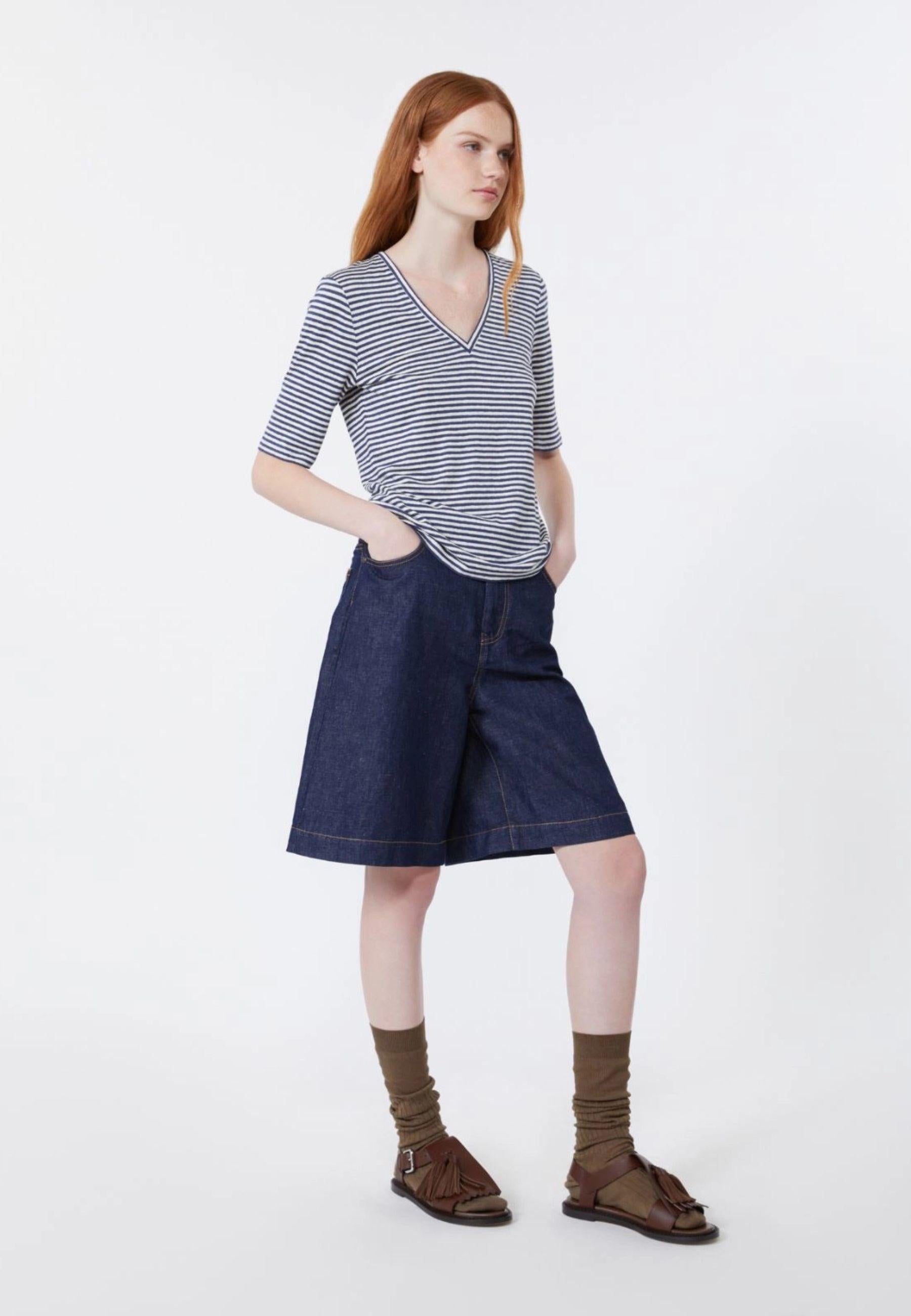 T-shirt a V in jersey di lino stretch - BLU MARINO