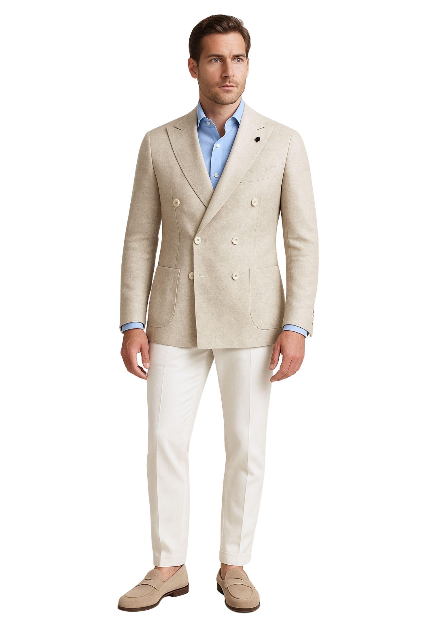 Giacca Doppiopetto in Lino e Cotone - Beige<BR/>