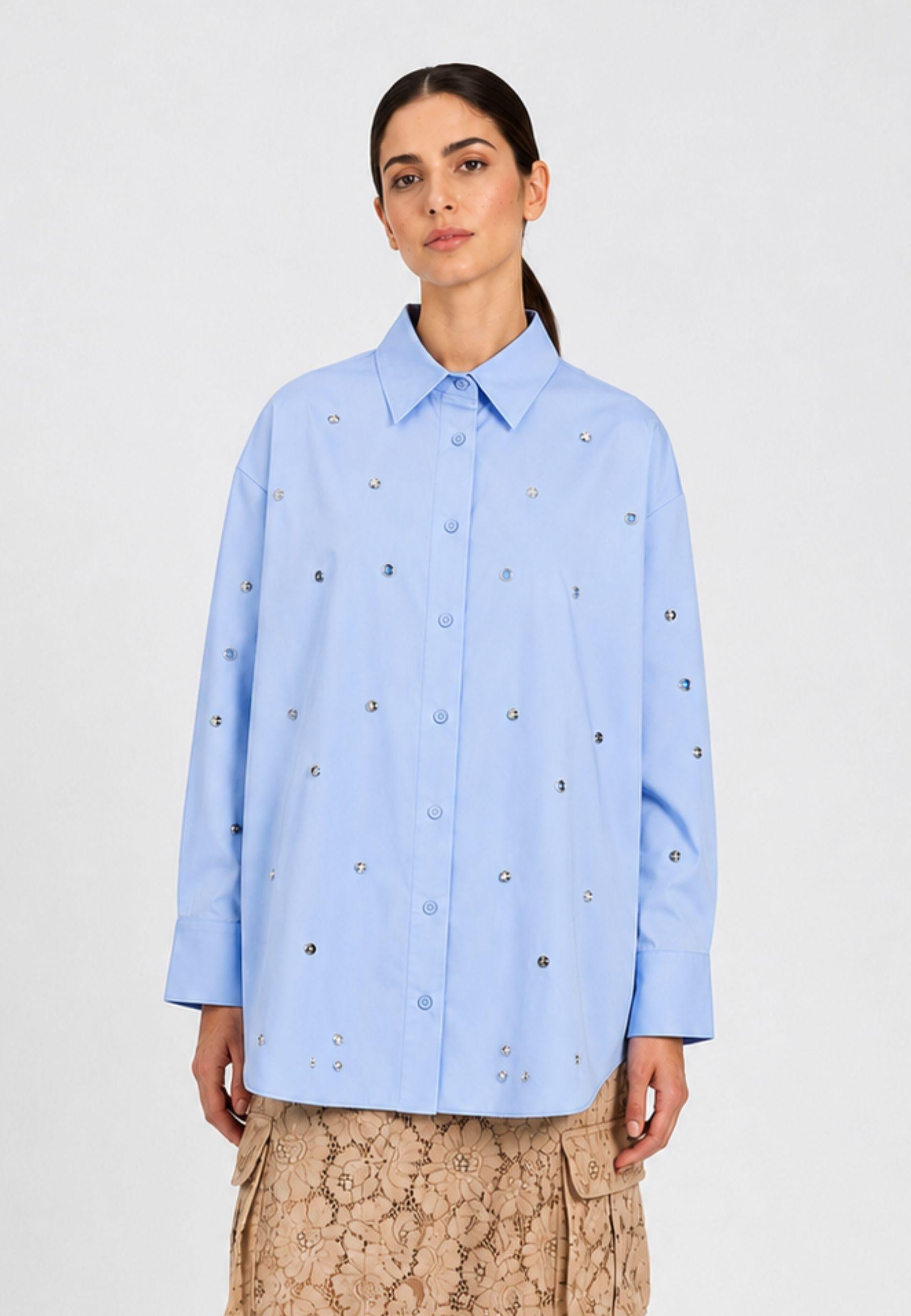 Camicia Oversize in Cotone con Applicazioni Gioiello