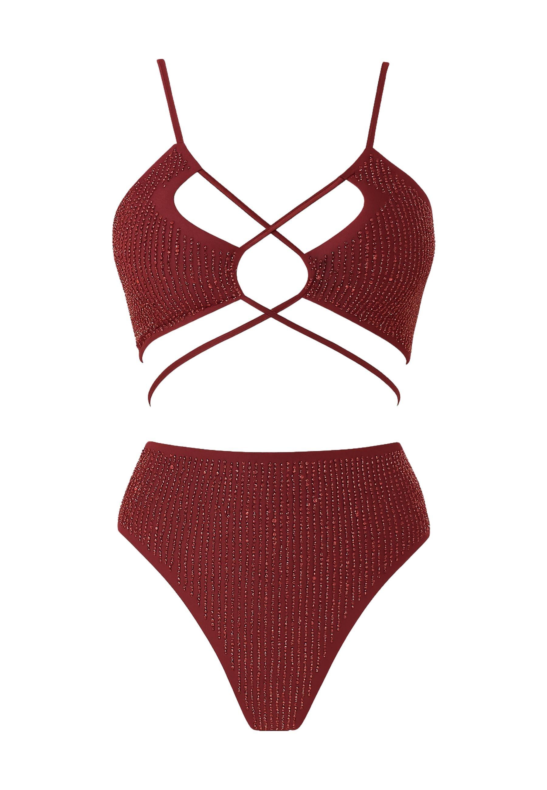 Costume Due Pezzi con Strass Bordeaux - Margherita Mazzei