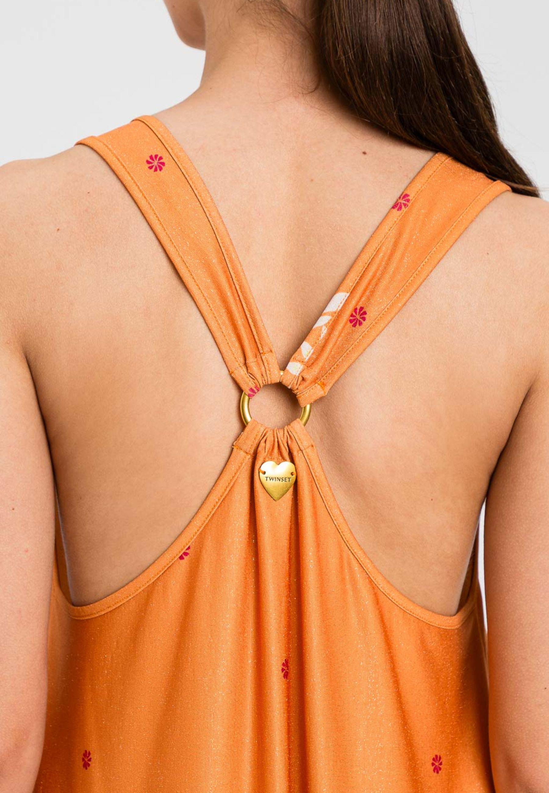 Mini abito stampa foulard arancione con schiena scoperta