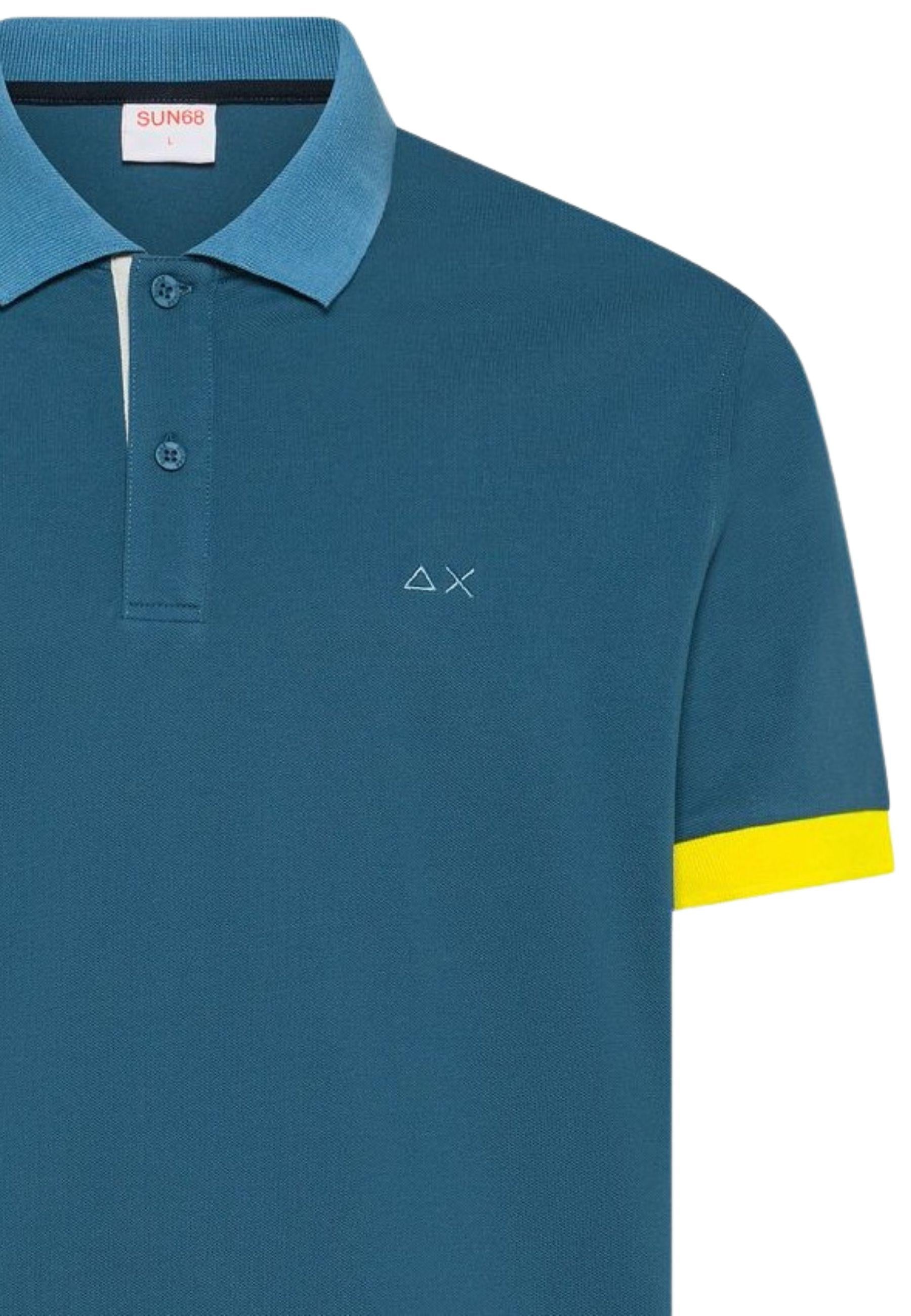 Polo in cotone blu avio scuro con colletto a contrasto