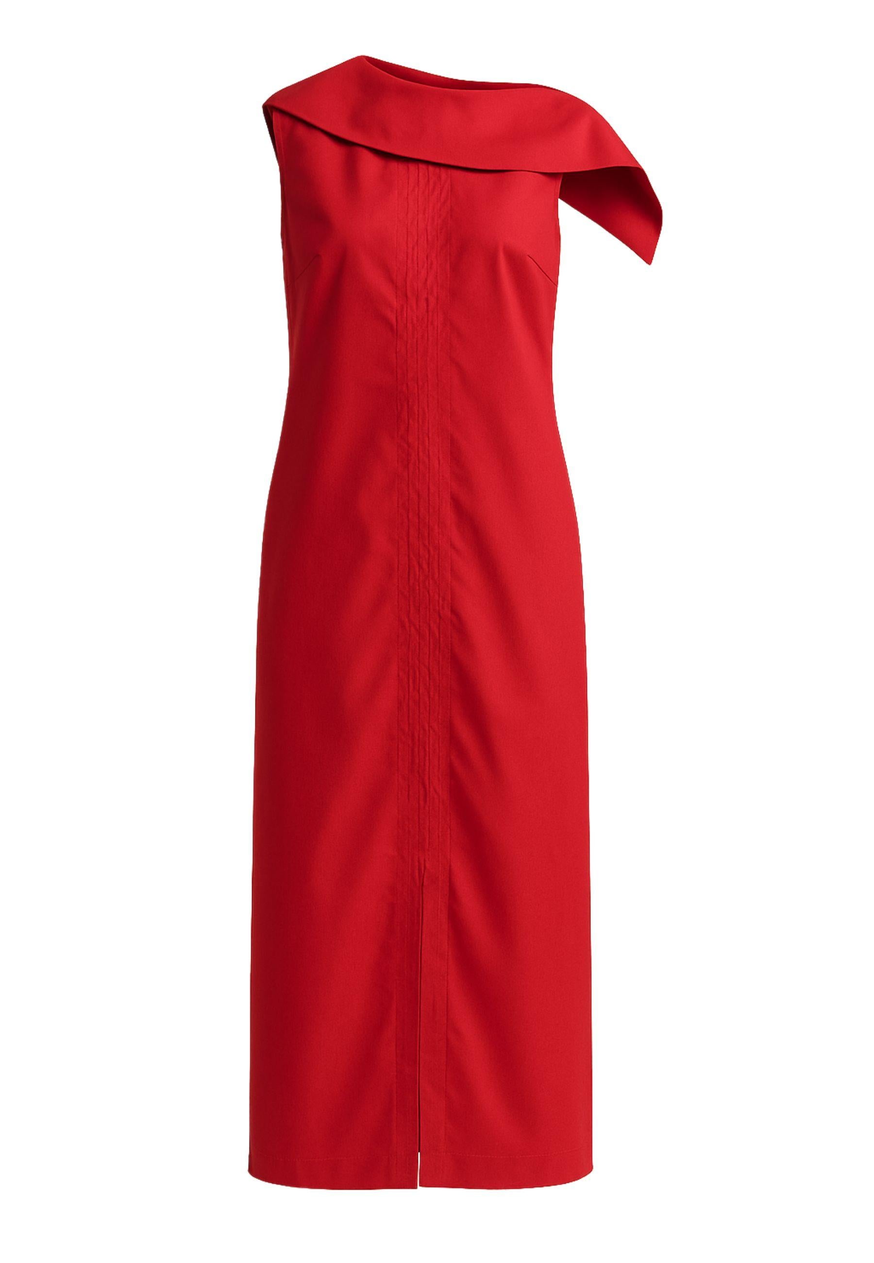 Abito midi rosso con scollo asimmetrico e schiena scoperta<BR/>