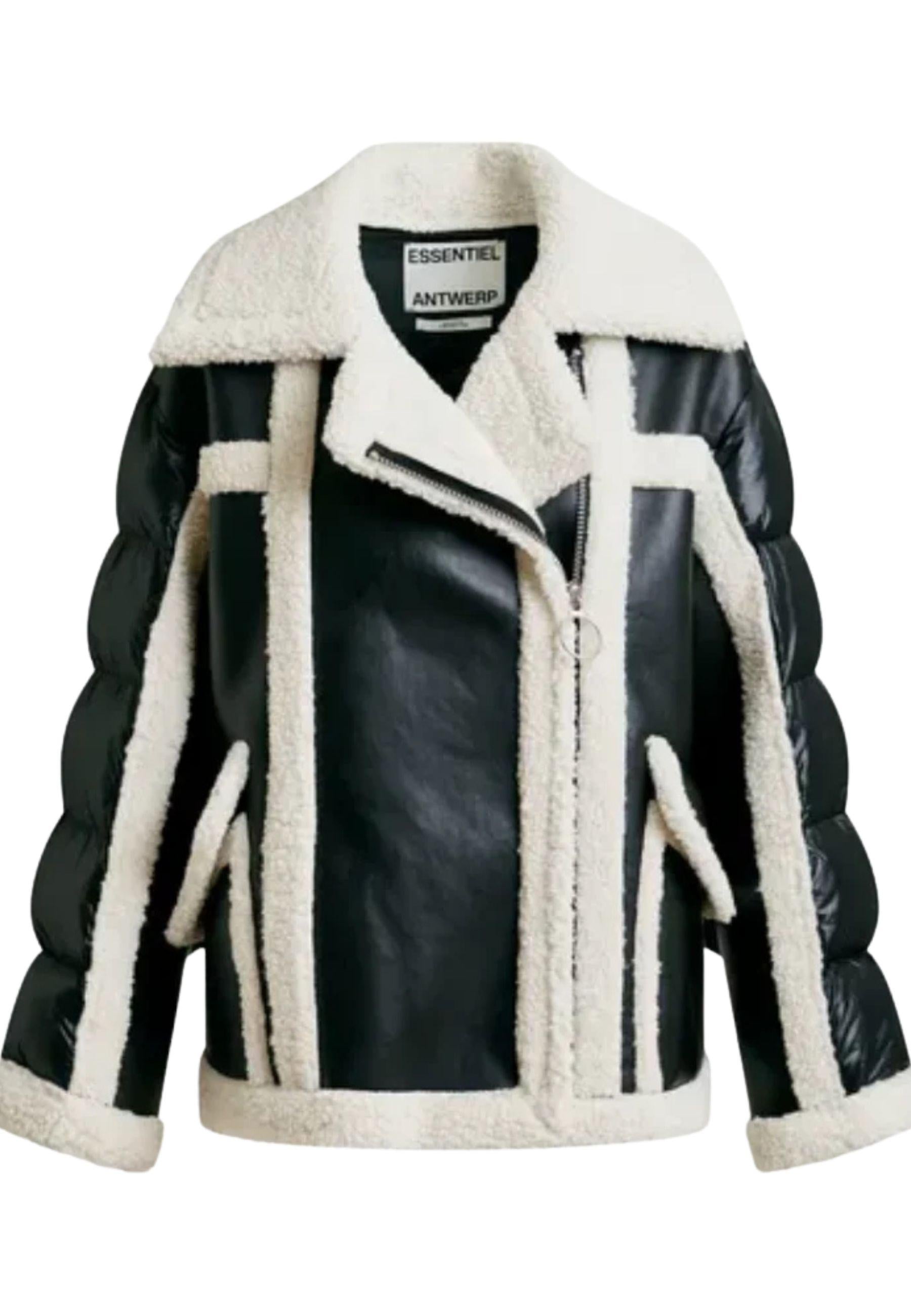 Essentiel Antwerp Ifie Faux Fur Puffer Jacket - Giacca oversize black/white con effetto shearling e maniche puffer