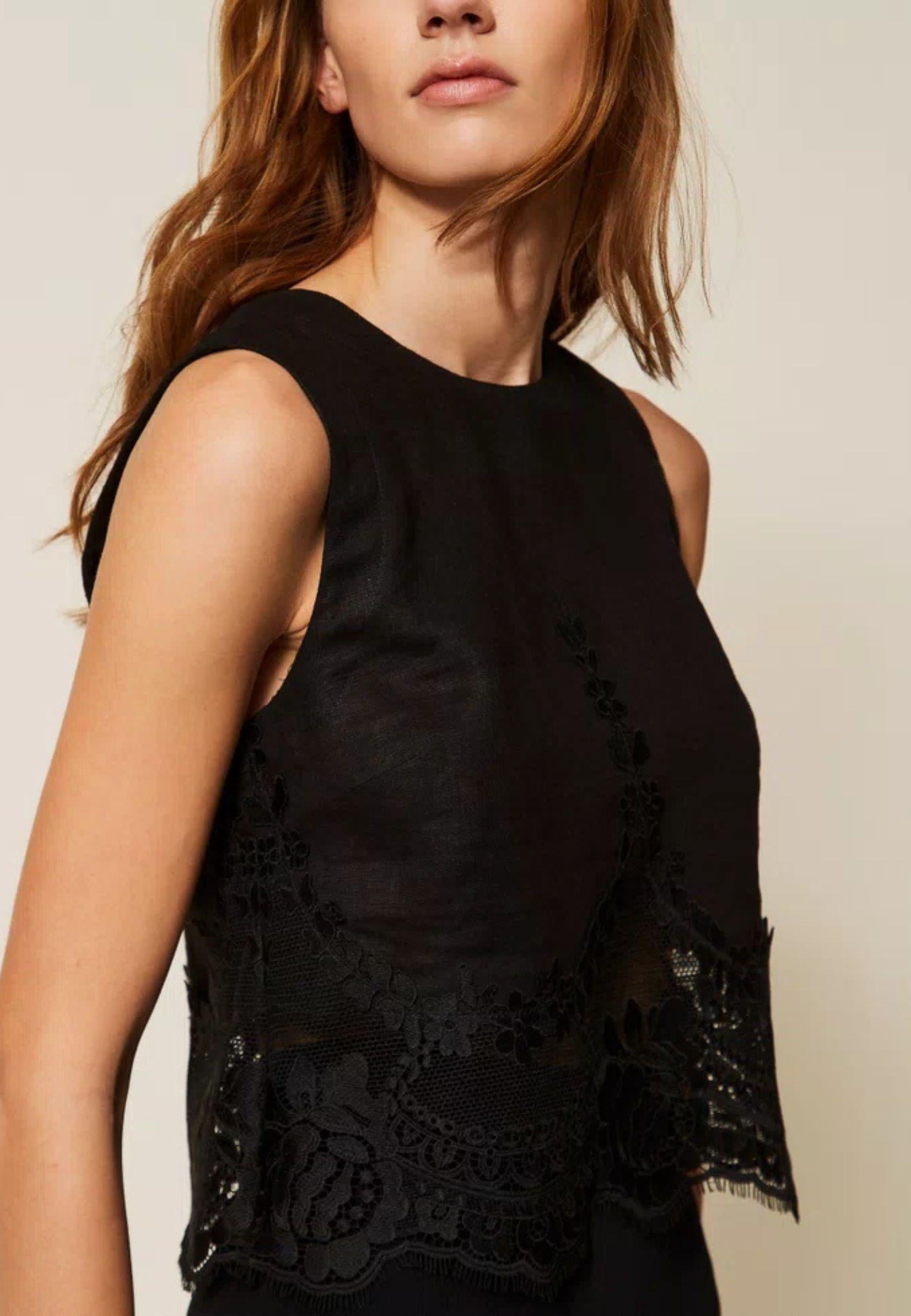 Twinset - Top in lino con pizzo intarsiato
