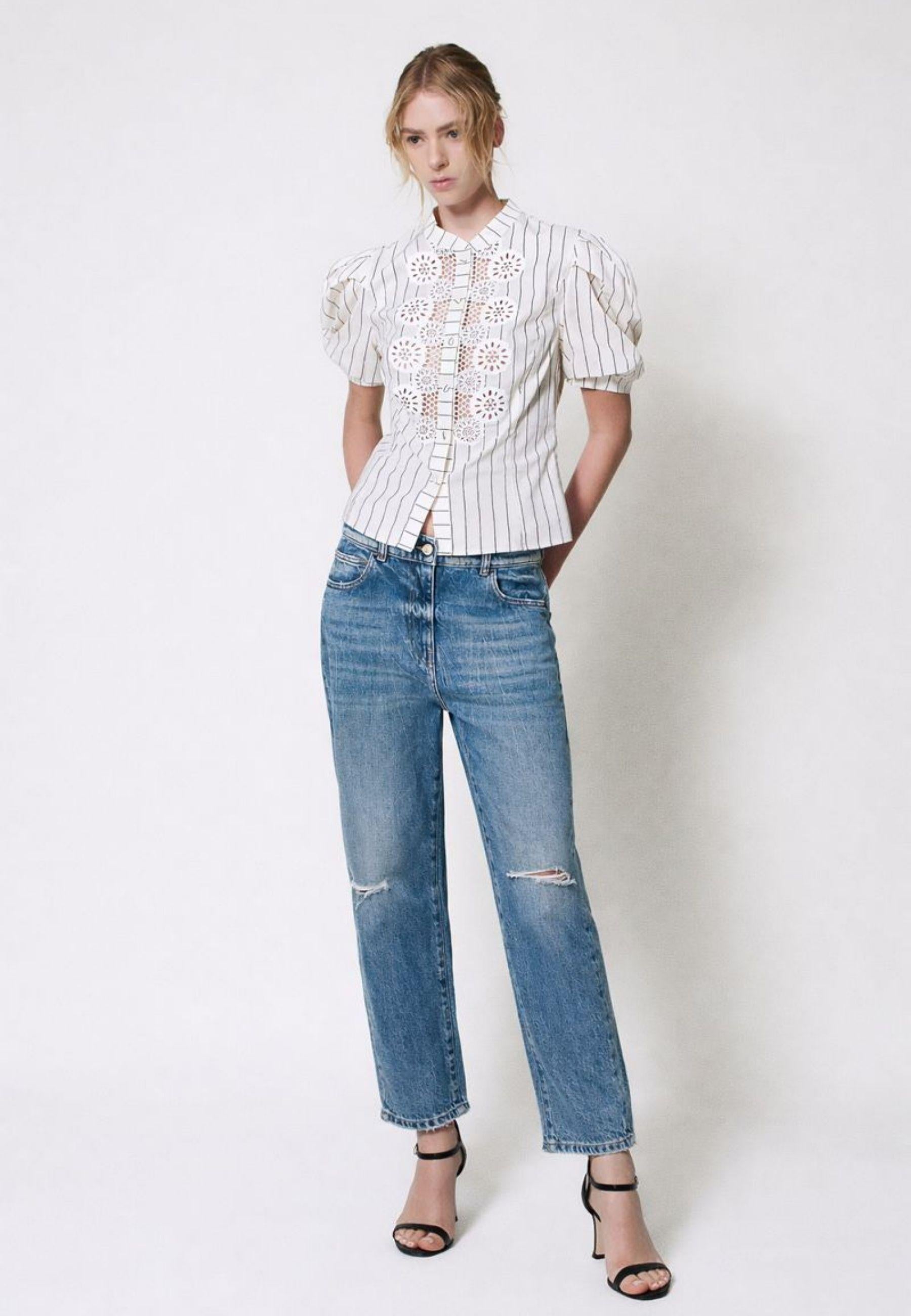 Camicia in popeline a righe con macramè