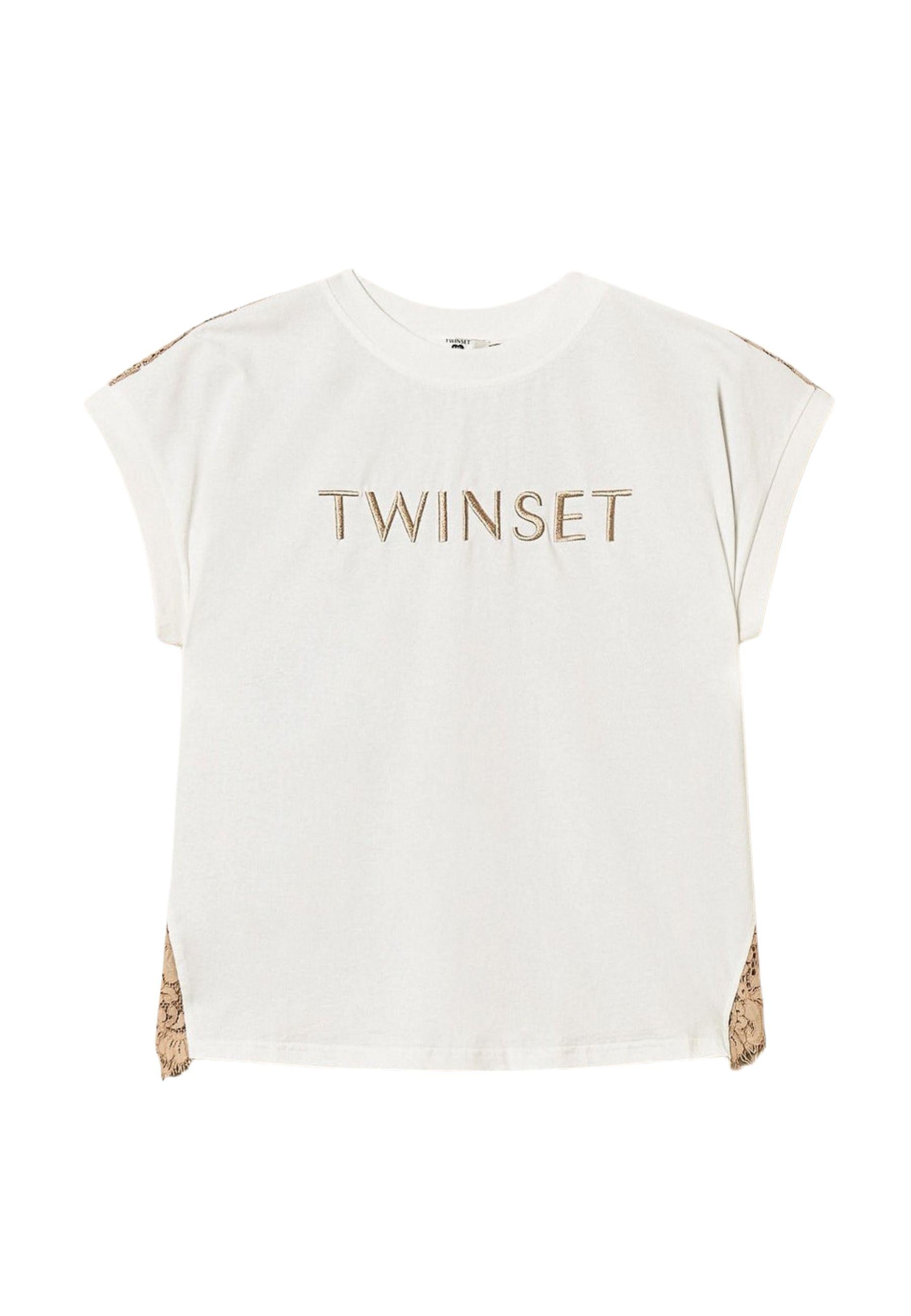 T-shirt Twinset con Pizzo e Logo Ricamato