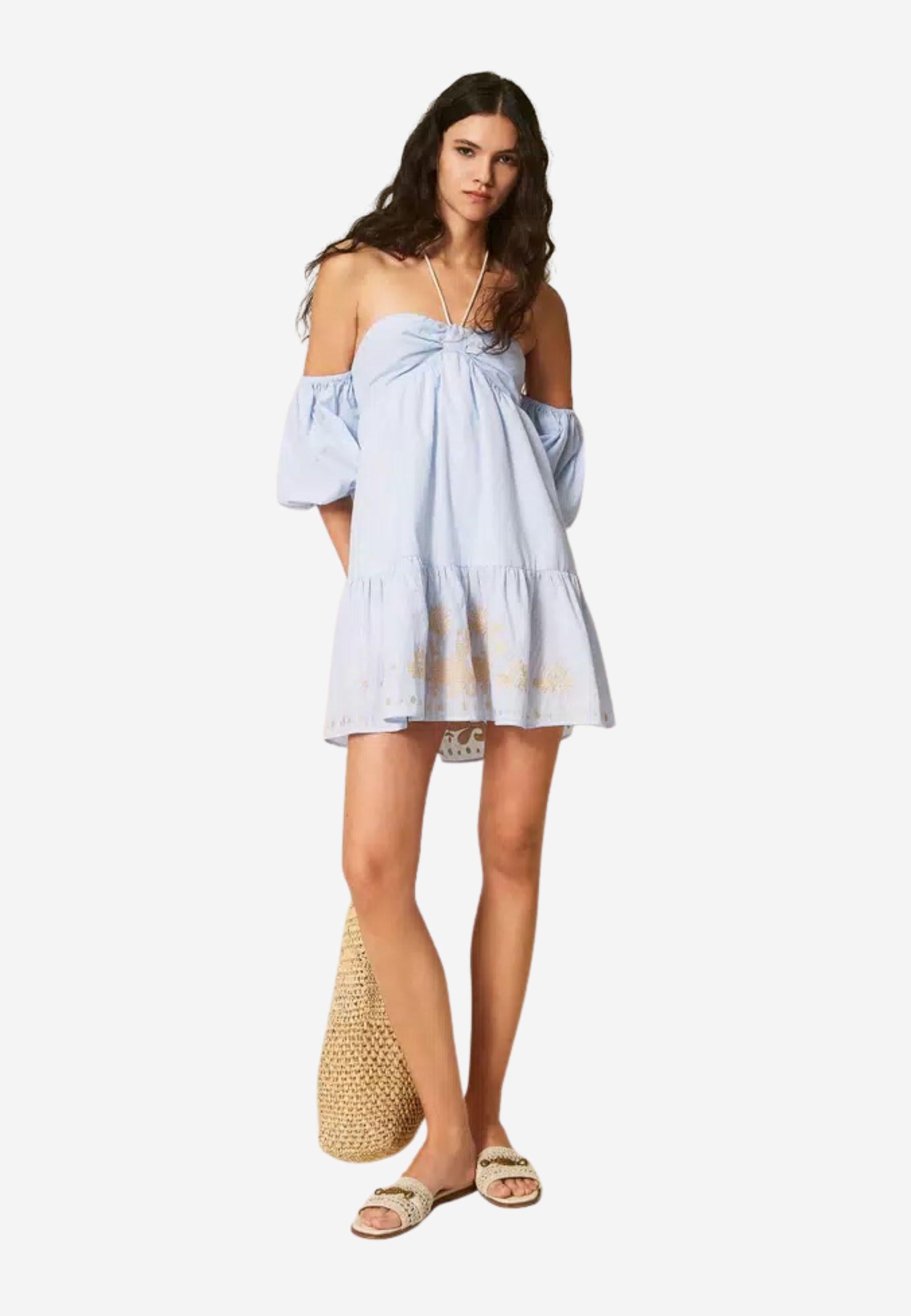 Abito corto off-shoulder a righe con ricamo - Actitude