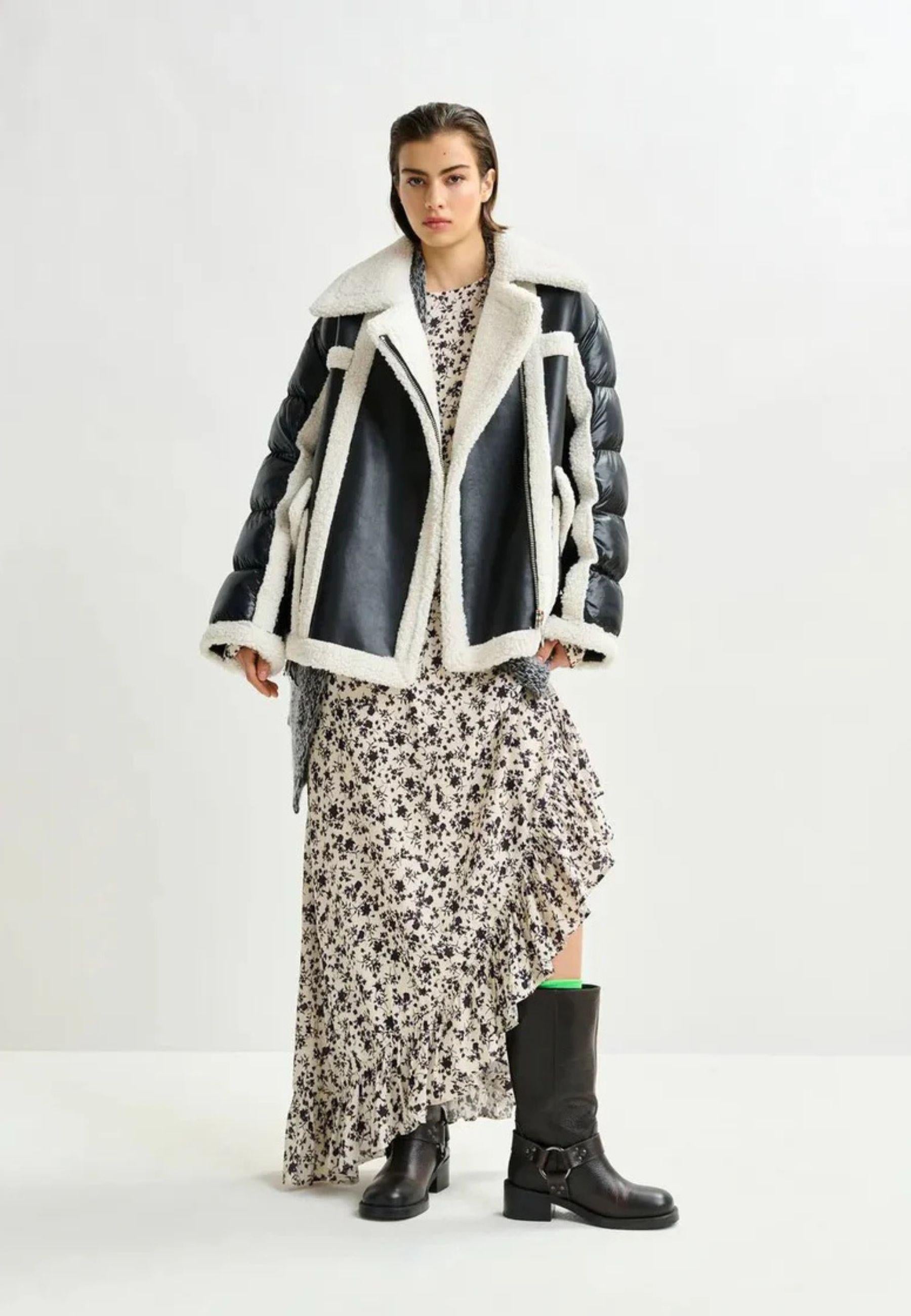 Essentiel Antwerp Ifie Faux Fur Puffer Jacket - Giacca oversize black/white con effetto shearling e maniche puffer