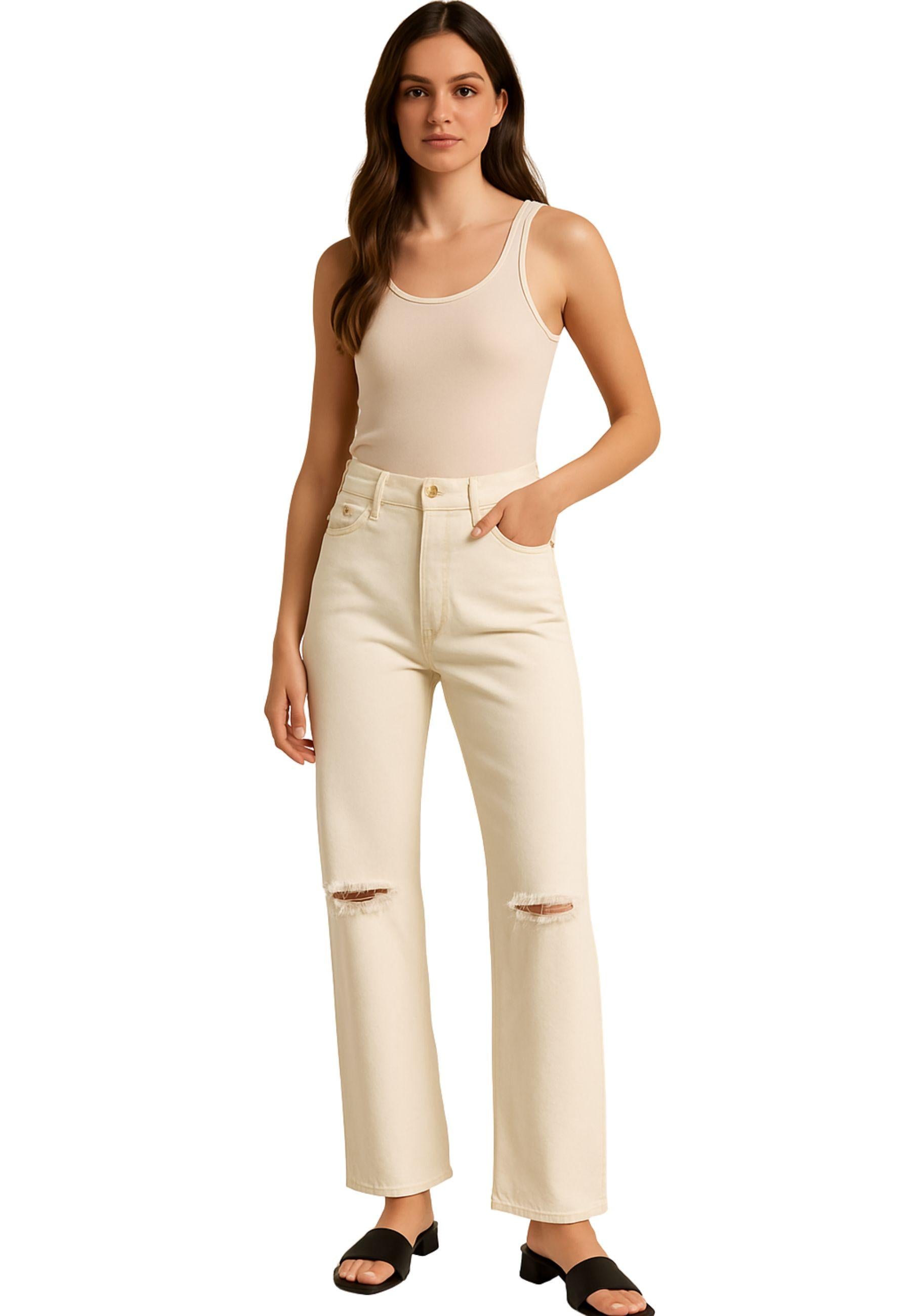 Jeans Donna a Gamba Dritta con Strappi - Colore Bianco
