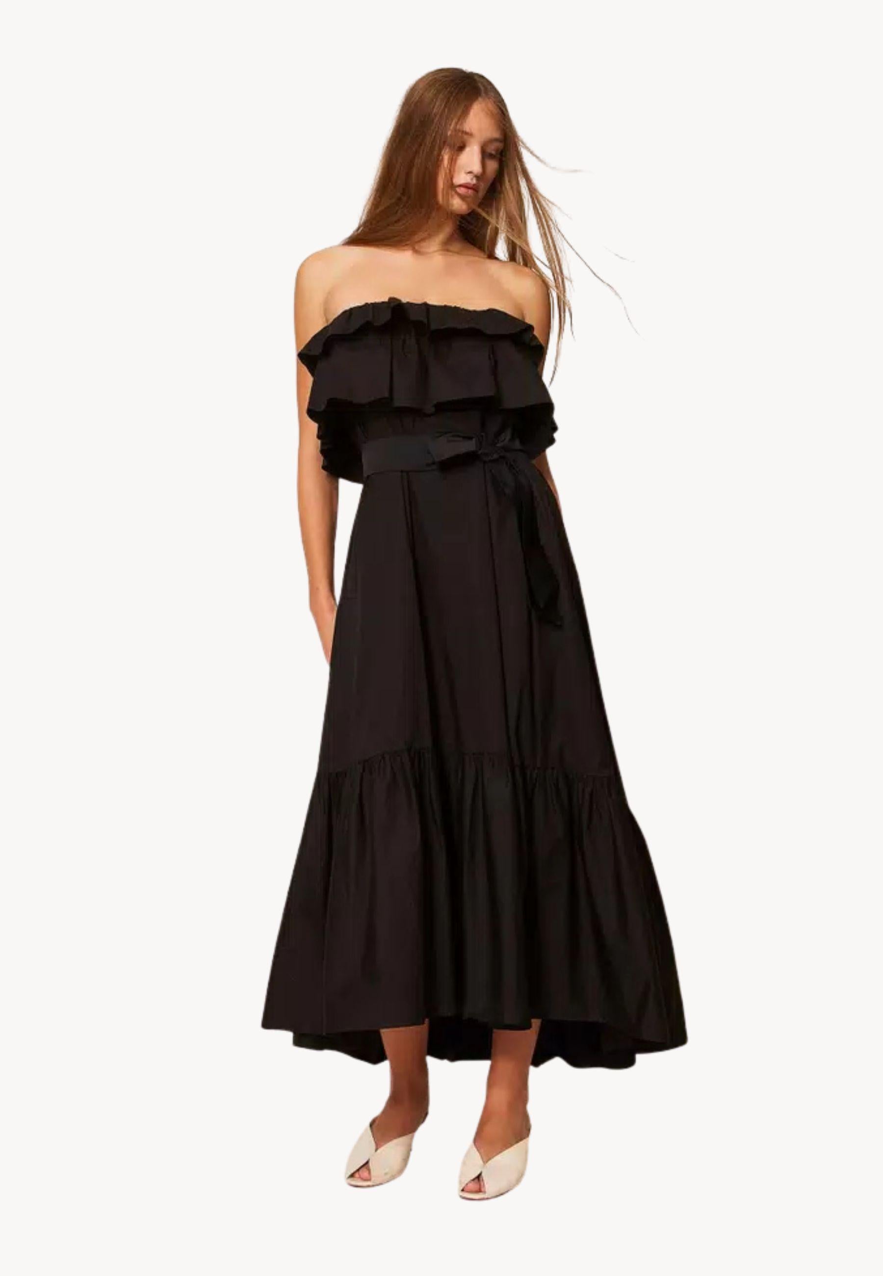 Abito lungo off shoulder Actitude Twinset in popeline stretch con balze