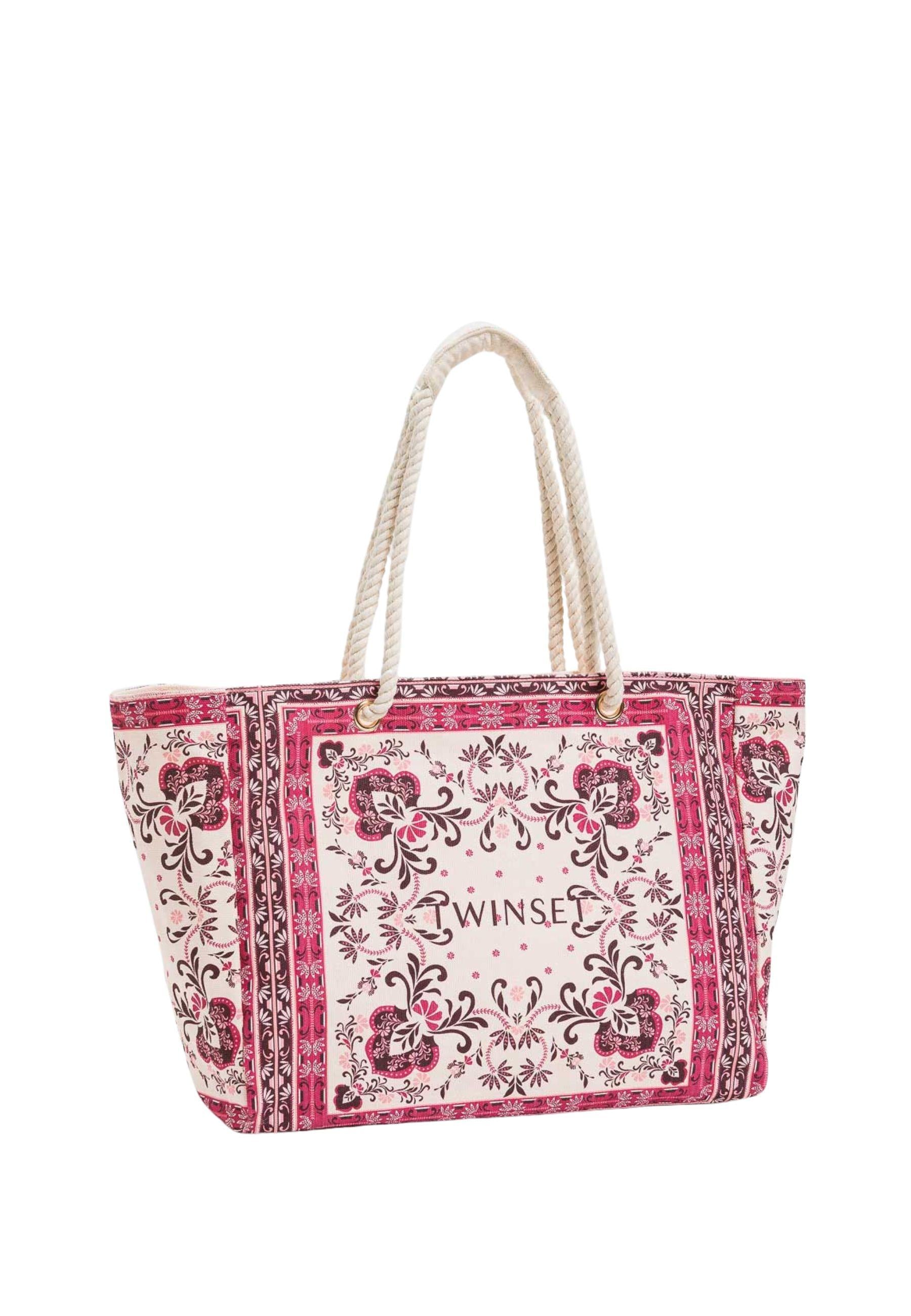 Borsa Shopper in Canvas con Stampa Foulard Fuchsia