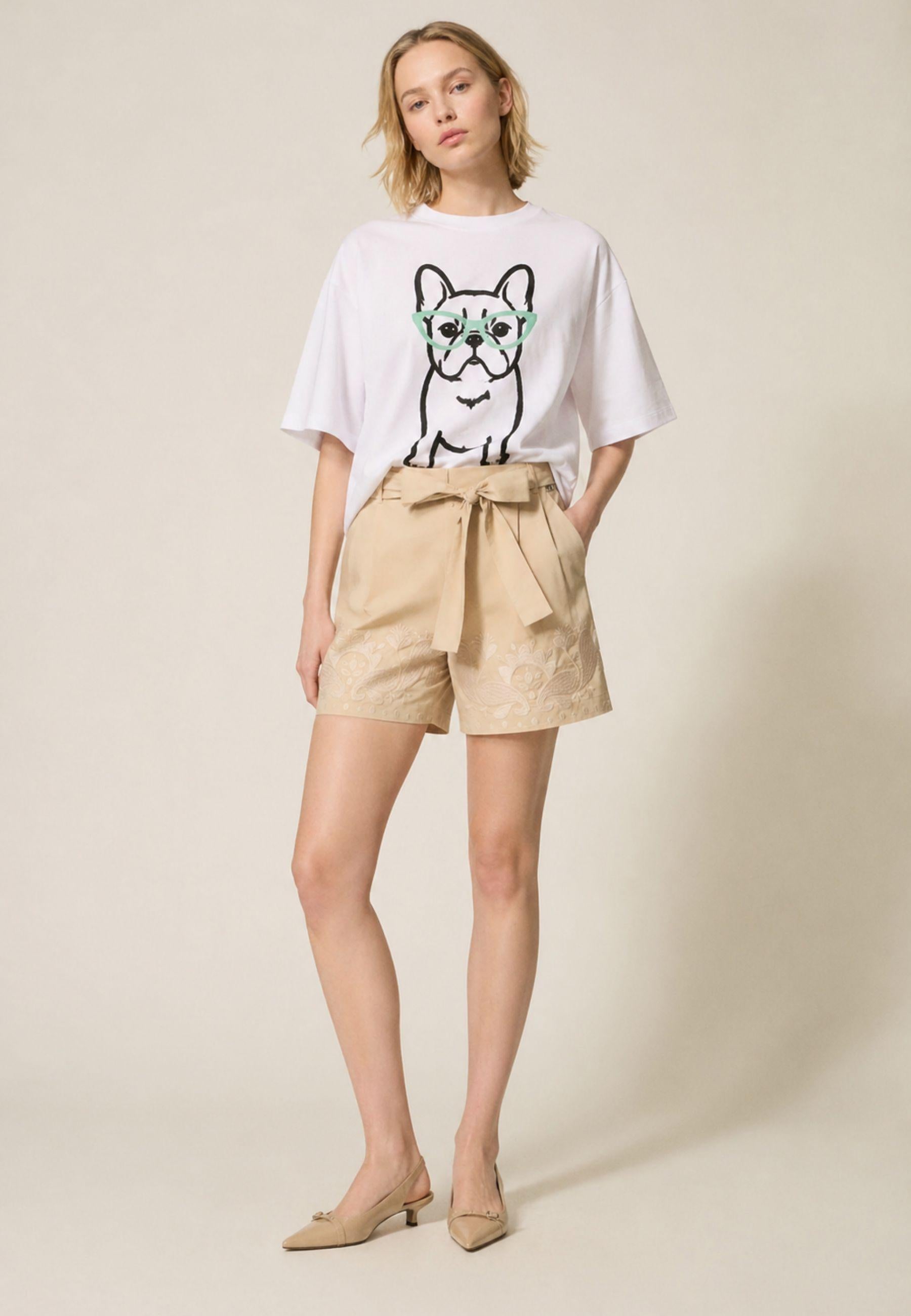 Shorts Twinset Milano in cotone elasticizzato con ricamo - Beige