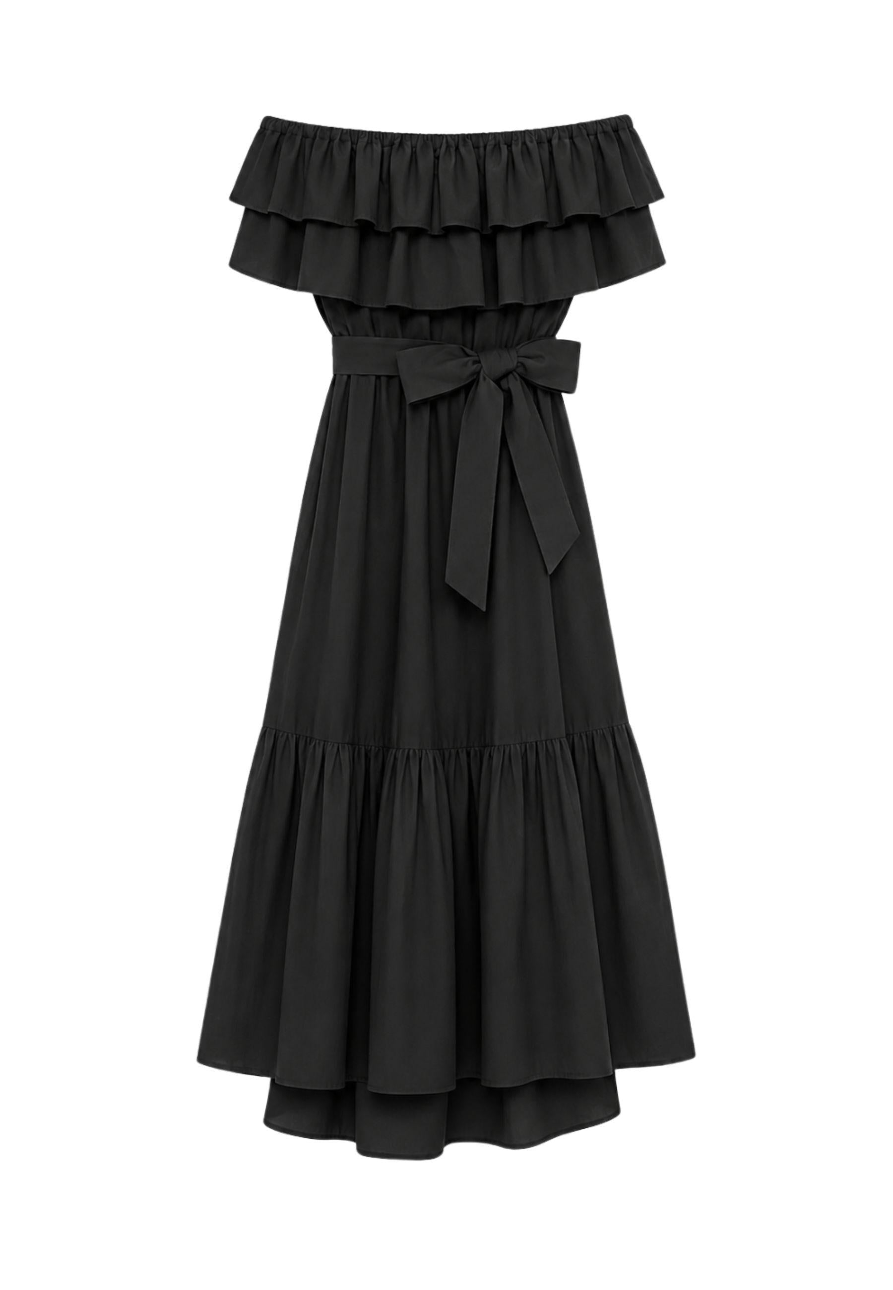 Abito lungo off shoulder Actitude Twinset in popeline stretch con balze