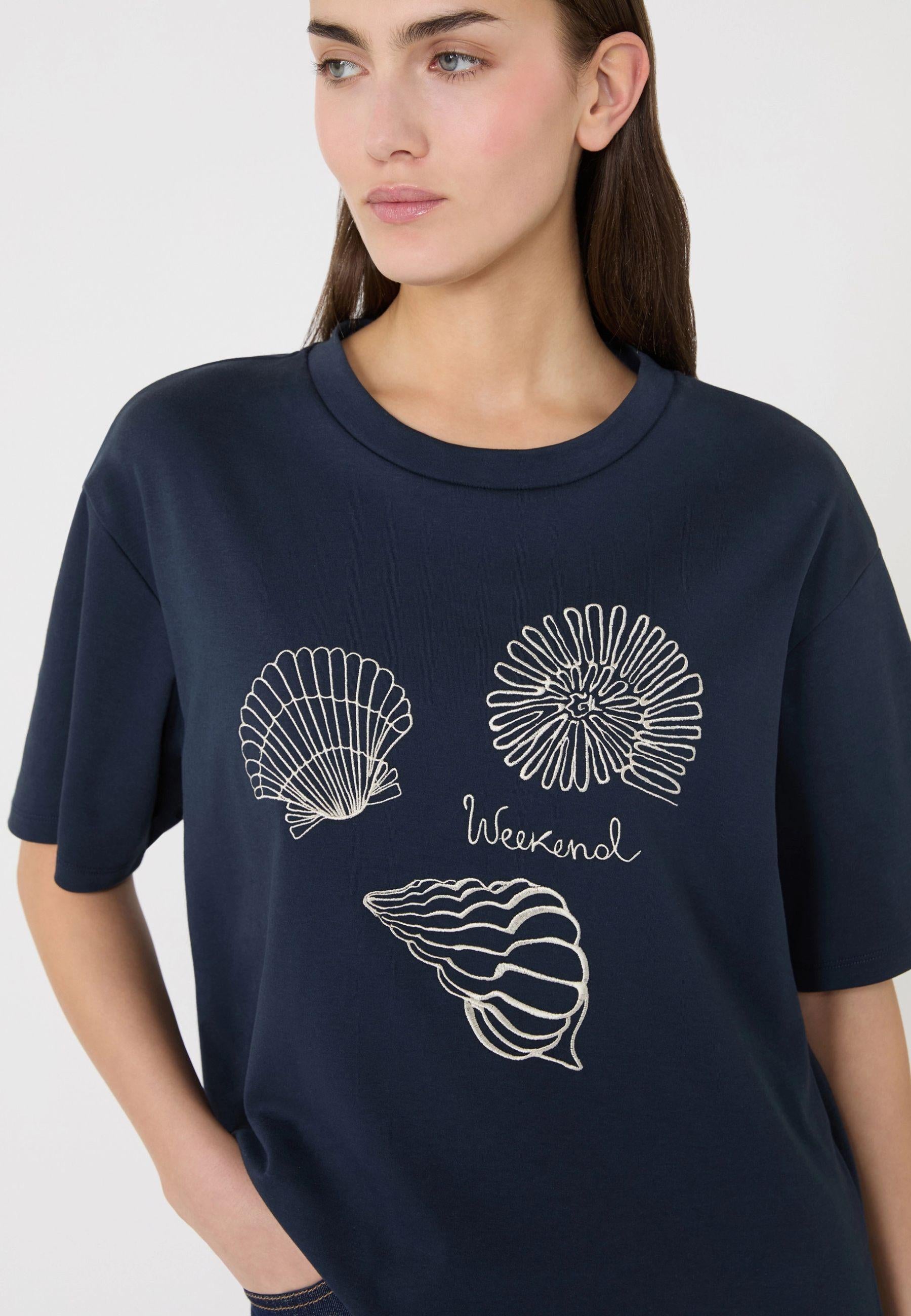 T-shirt boxy in puro cotone con stampa conchiglie