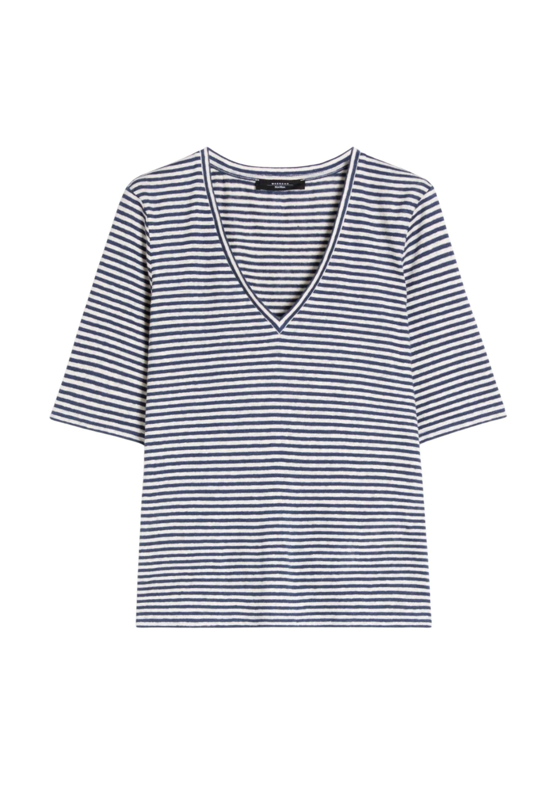 T-shirt a V in jersey di lino stretch - BLU MARINO