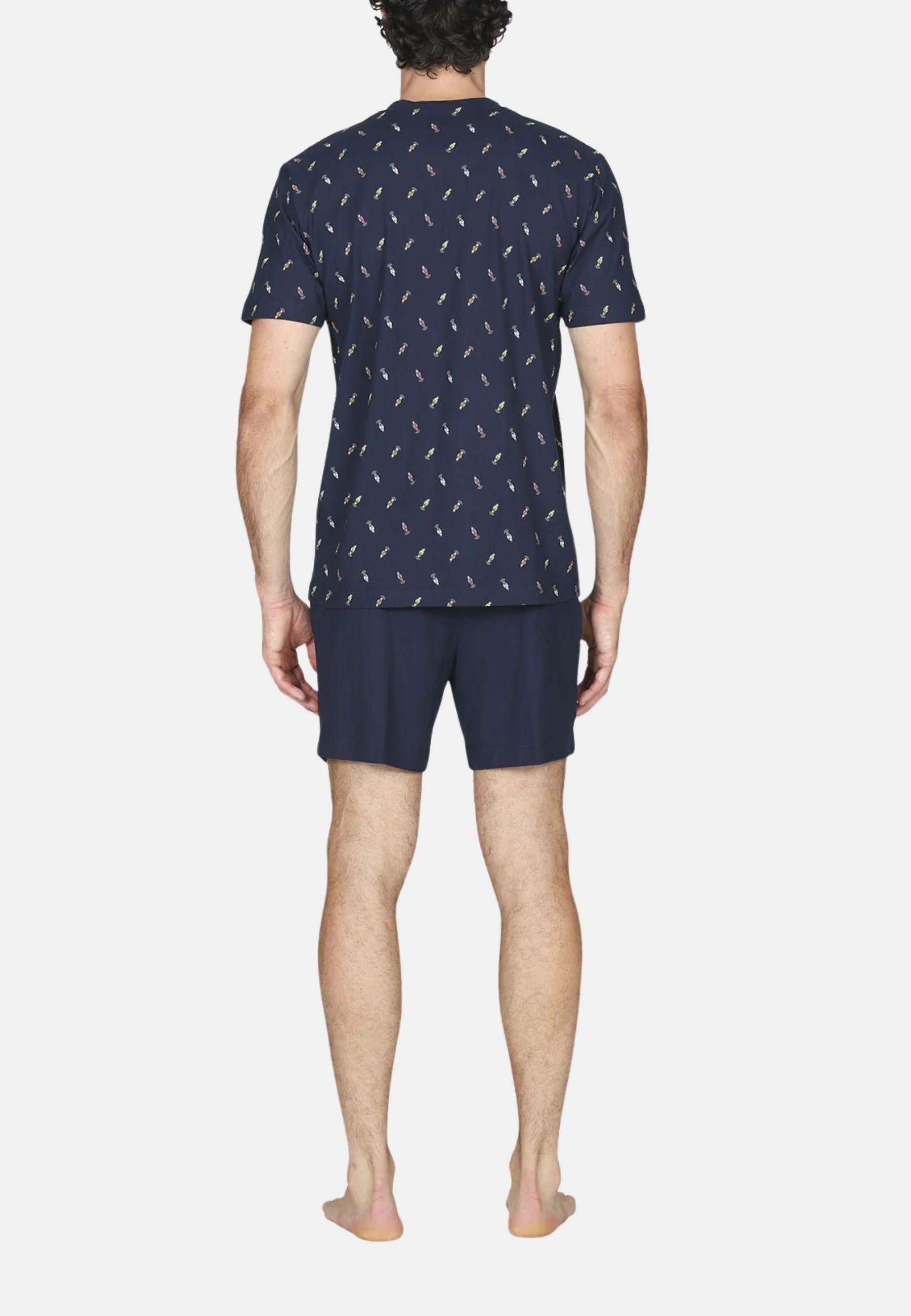Pigiama Corto Uomo in Cotone Jersey Serafino Fantasia Blu