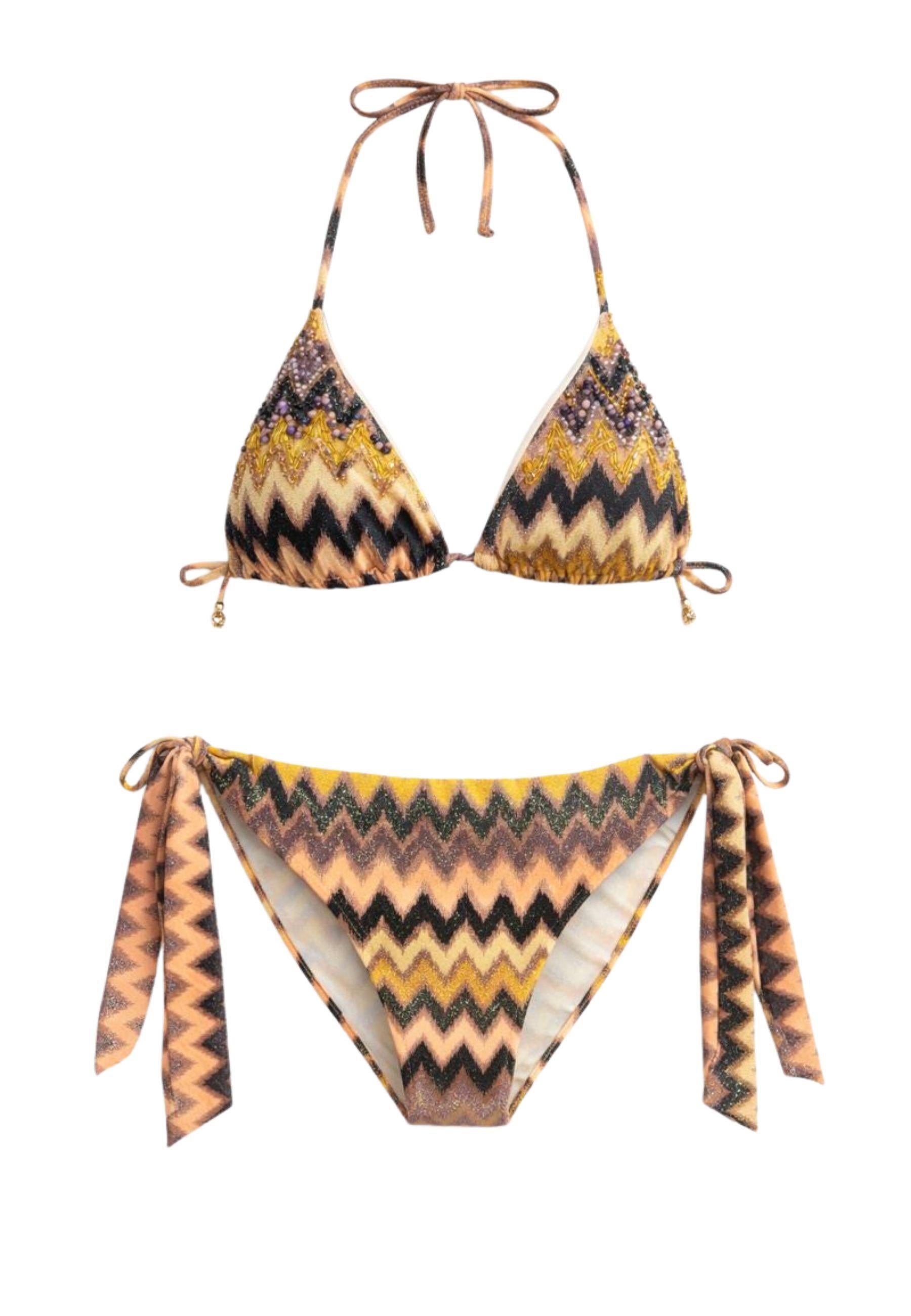 Bikini donna Ilaria Vitagliano con fantasia zig zag e applicazioni gioiello