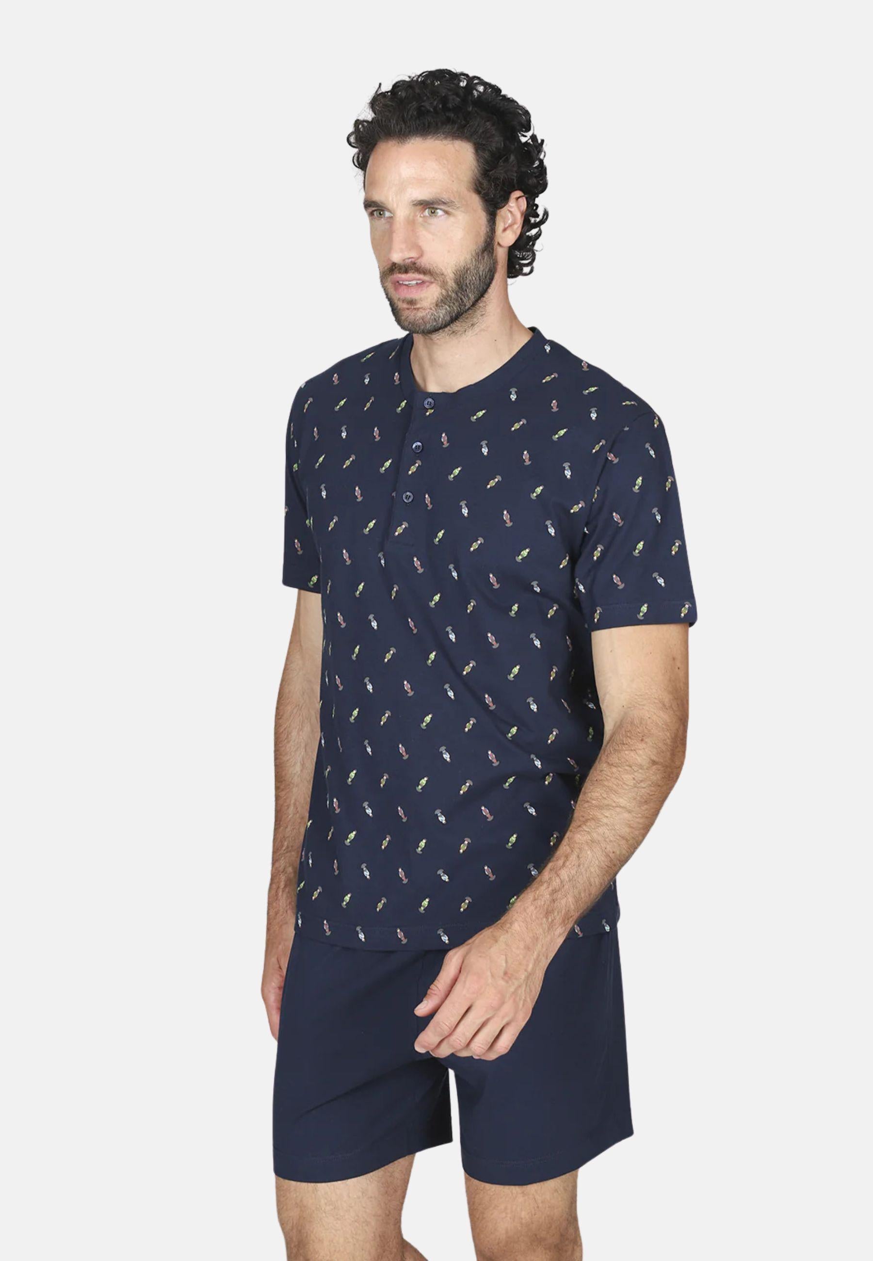 Pigiama Corto Uomo in Cotone Jersey Serafino Fantasia Blu