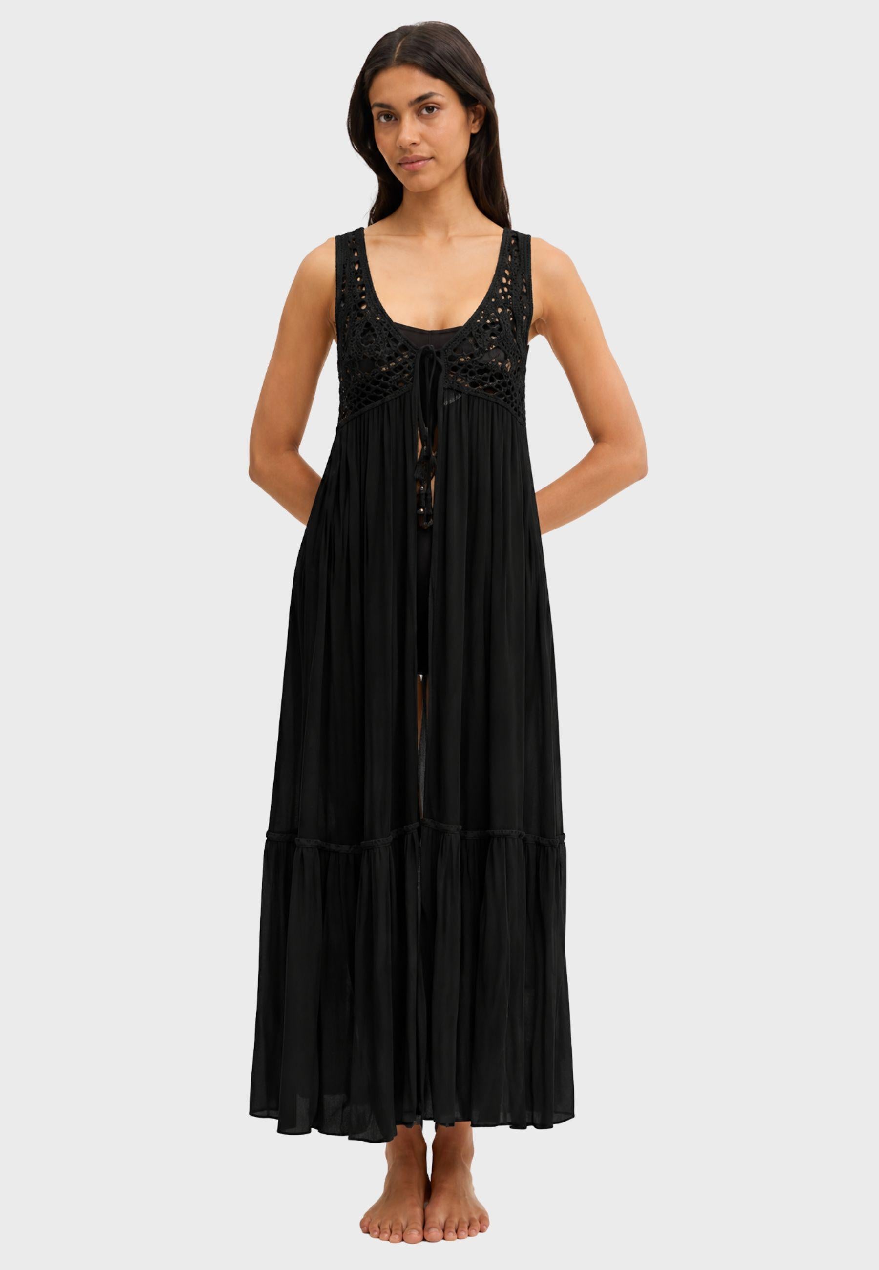 Caftano lungo crochet nero - Eleganza boho dal fascino sofisticato