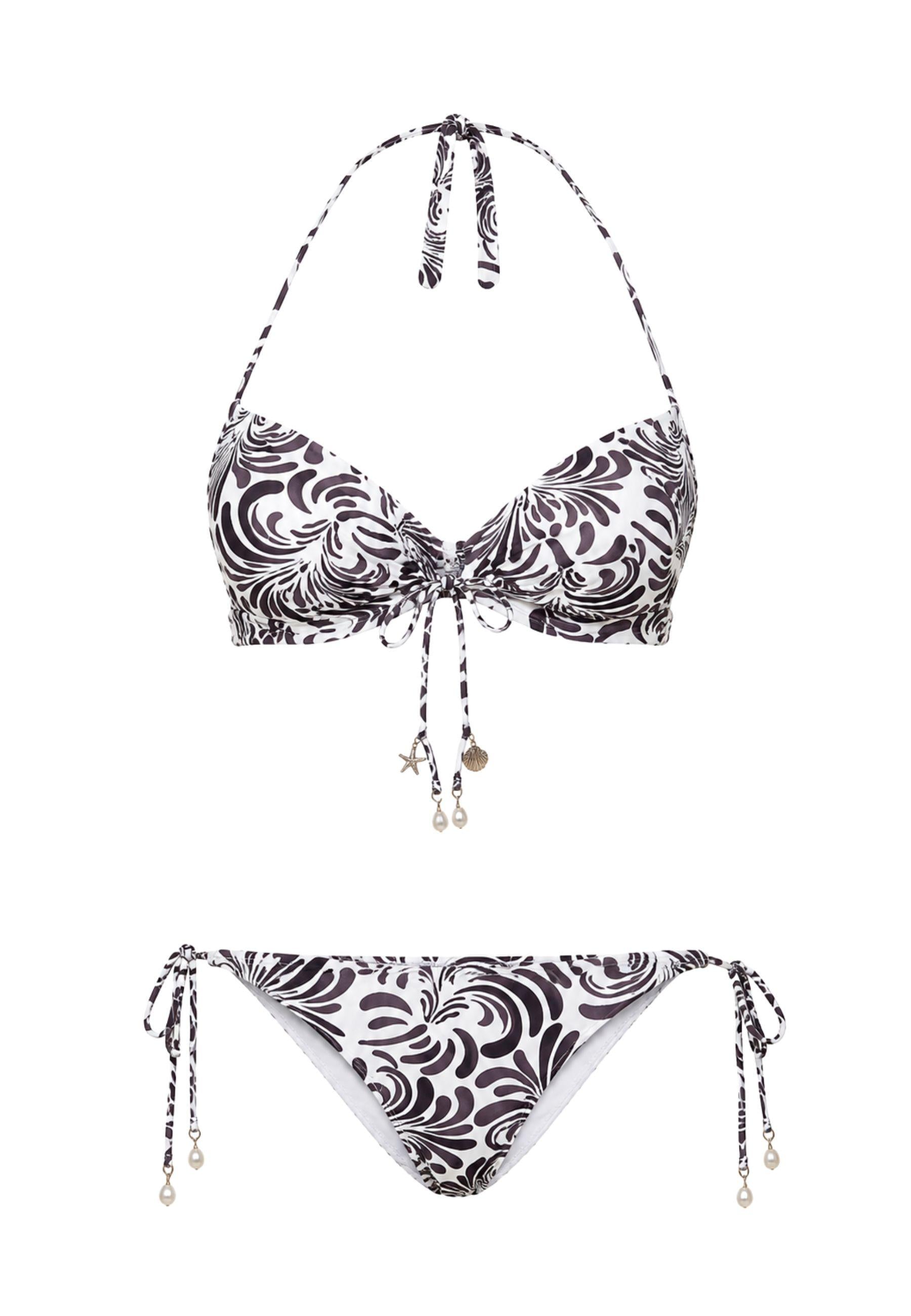 Bikini Push-Up COPPA C con Stampa Botanical Coffee Choc / Off White e Slip Tanga Regolabile