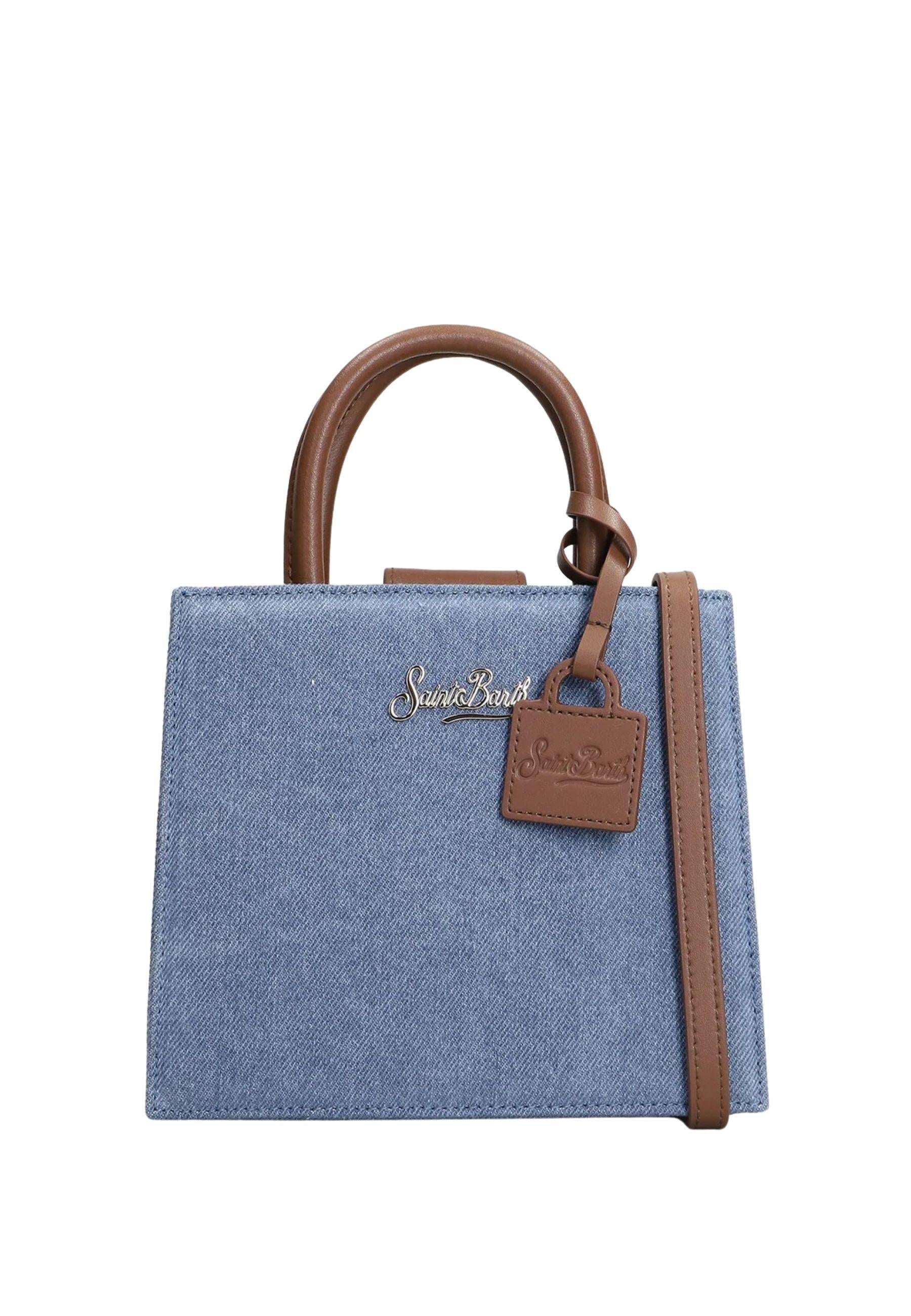 Shop Bag Mini in denim blu con inserti in pelle