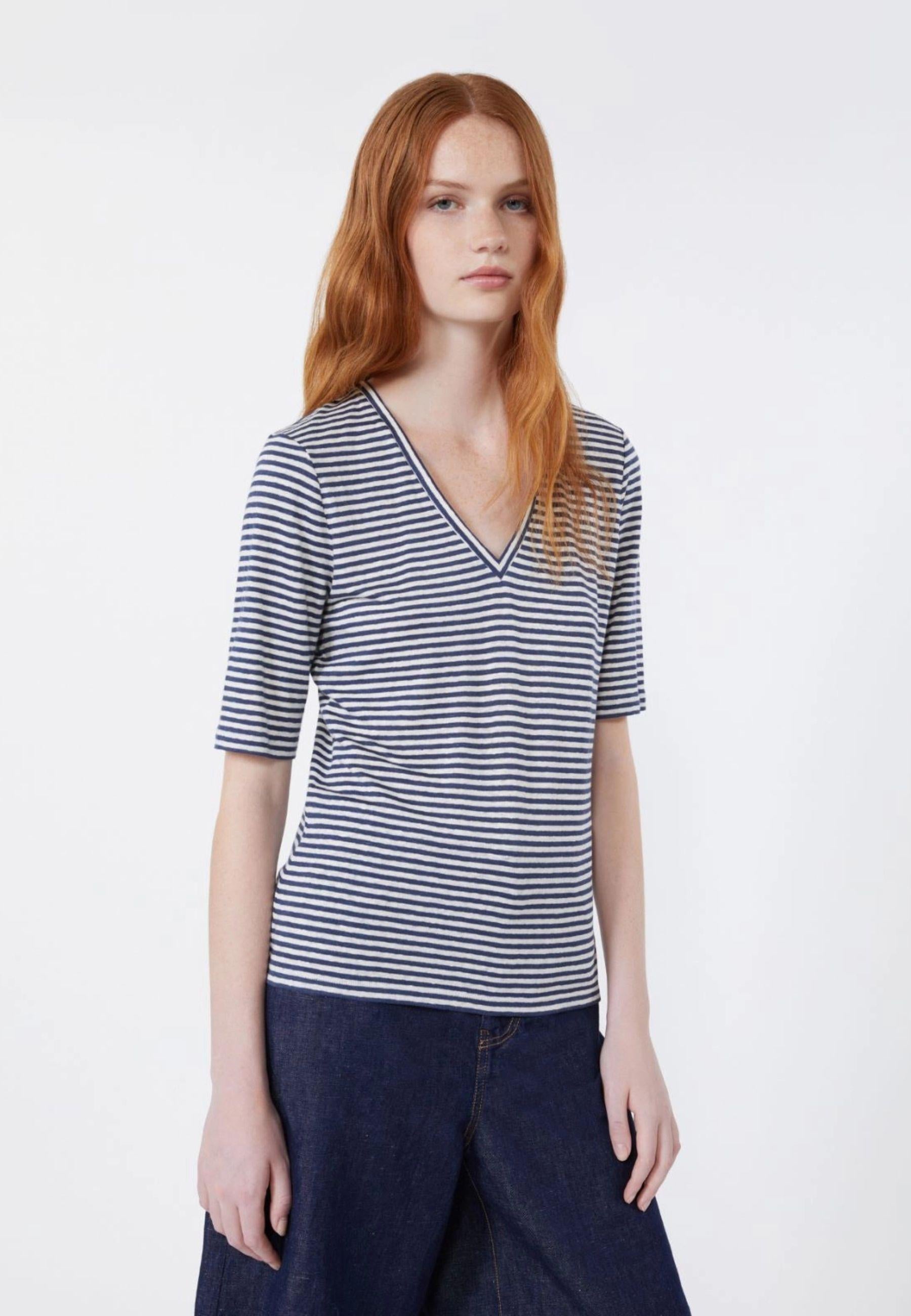 T-shirt a V in jersey di lino stretch - BLU MARINO