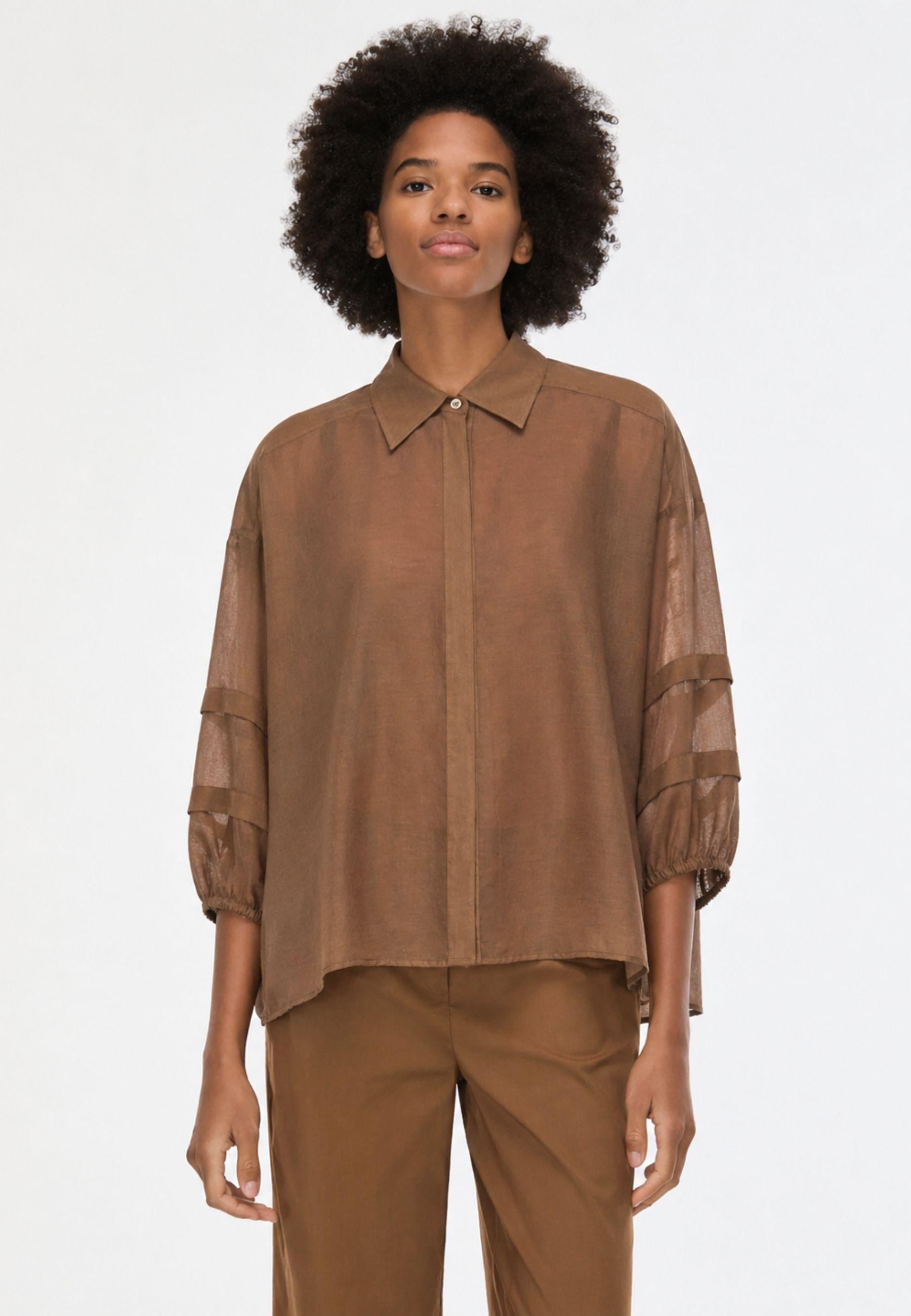 Camicia in misto seta e cotone - Marrone tabacco