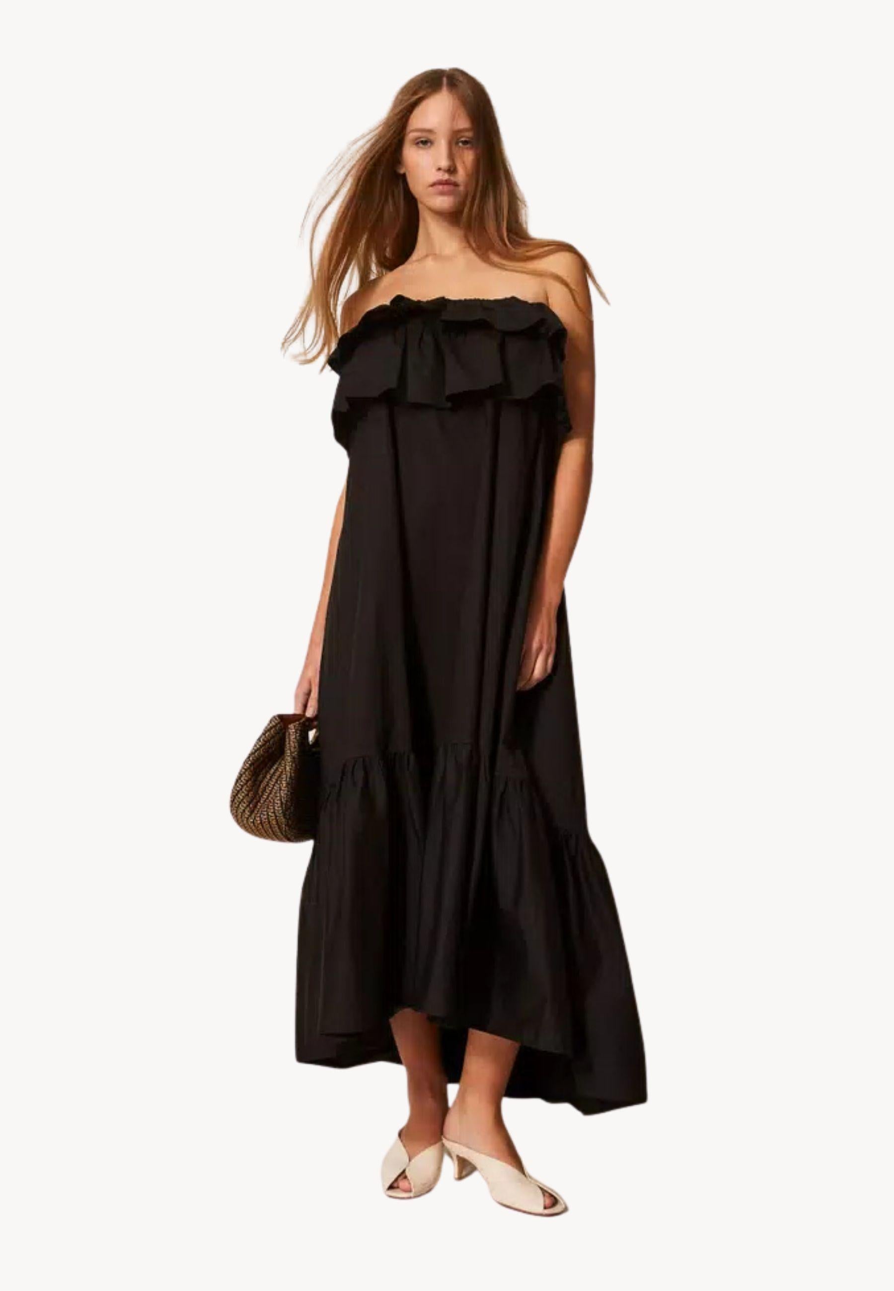 Abito lungo off shoulder Actitude Twinset in popeline stretch con balze