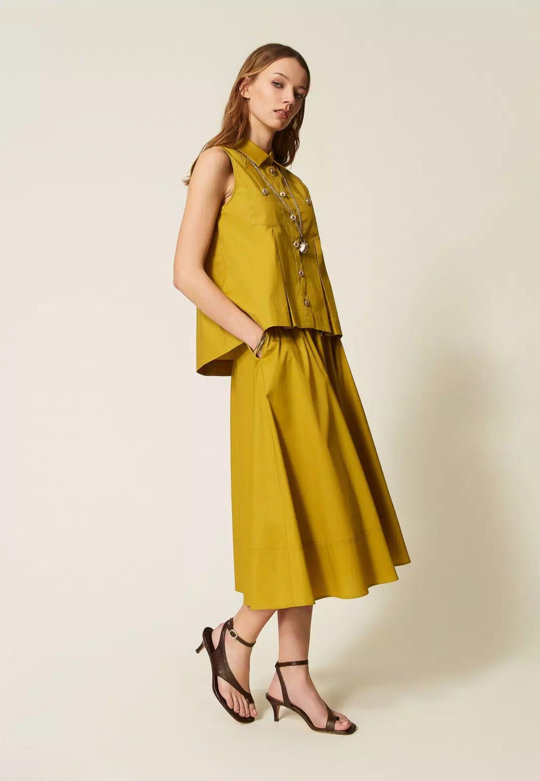 Gonna lunga in popeline di cotone stretch con bottoni