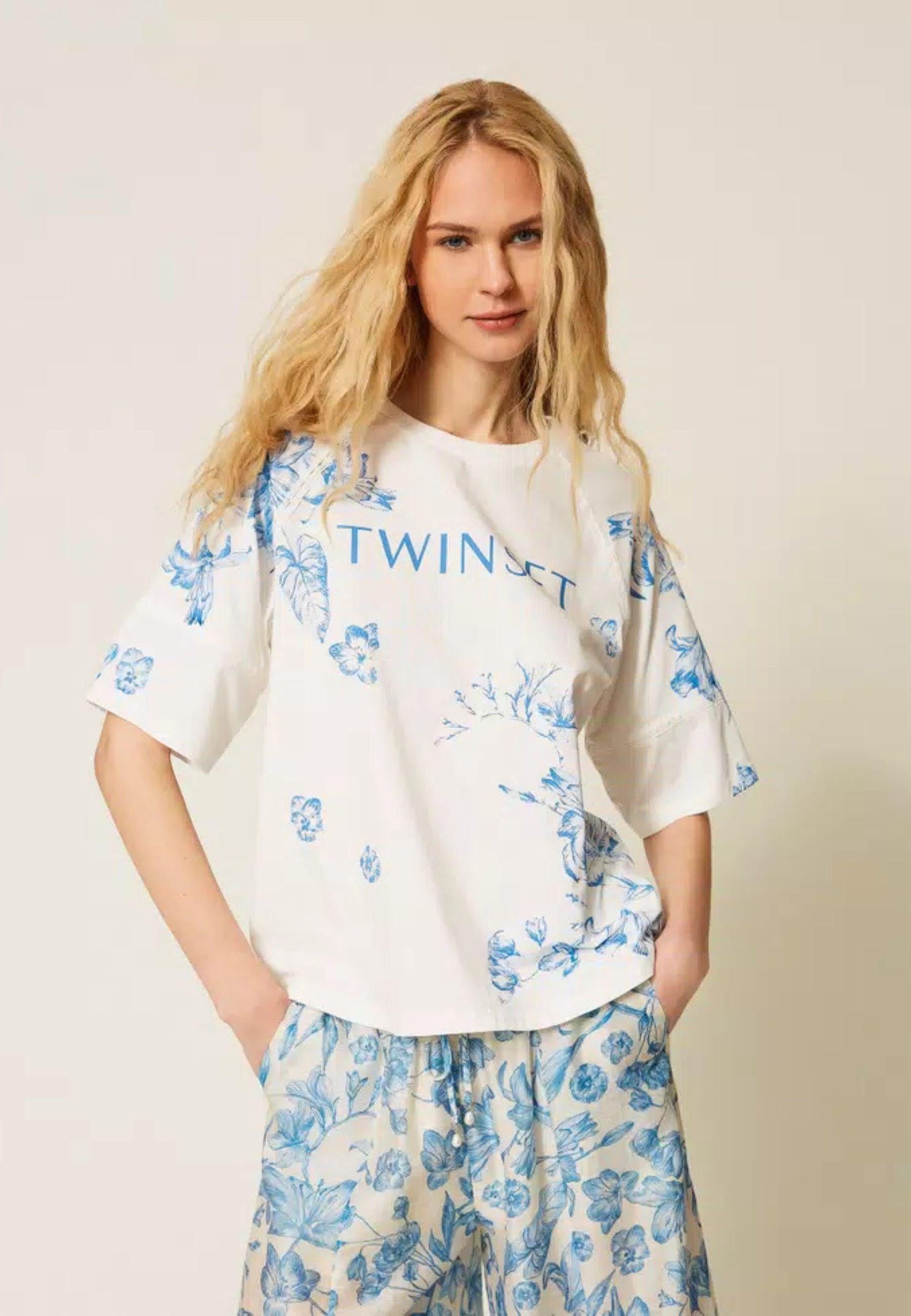 Twinset T-Shirt Toile de Jouy con Logo Lettering