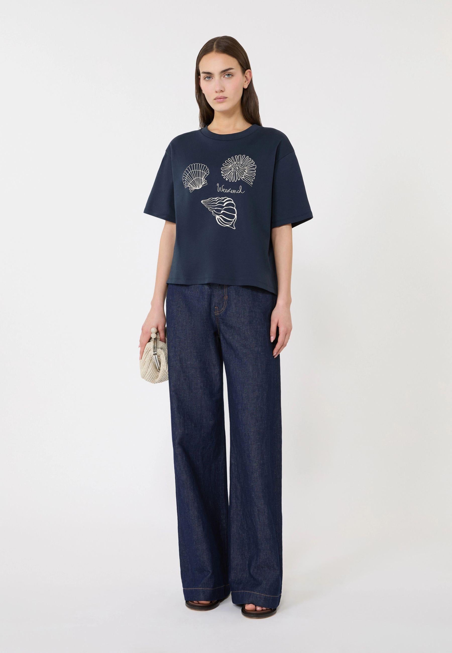 T-shirt boxy in puro cotone con stampa conchiglie