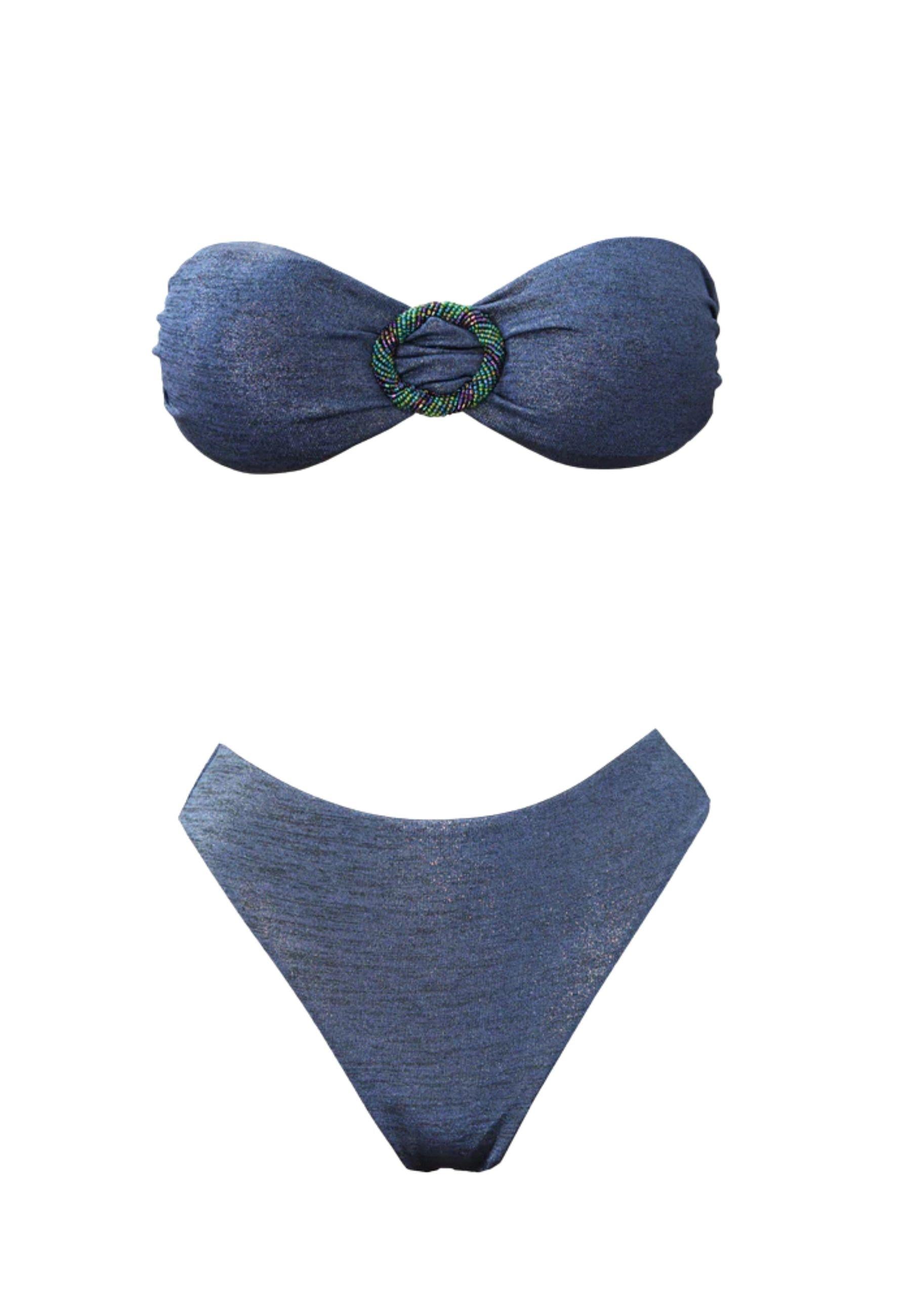 Bikini fascia in maglina lamé blu con fibbia gioiello