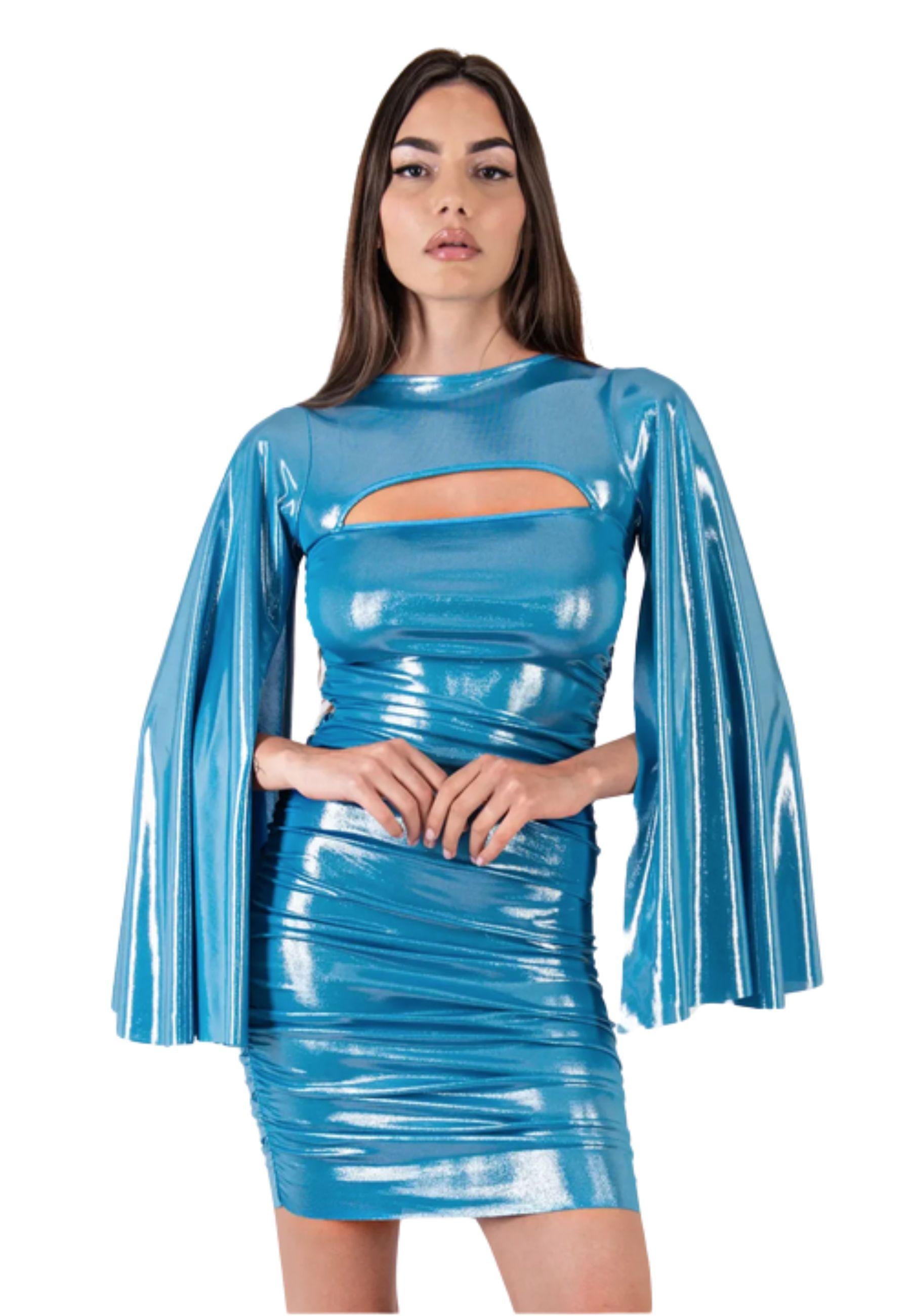 Abito corto arricciato con maniche pipistrello<BR/>