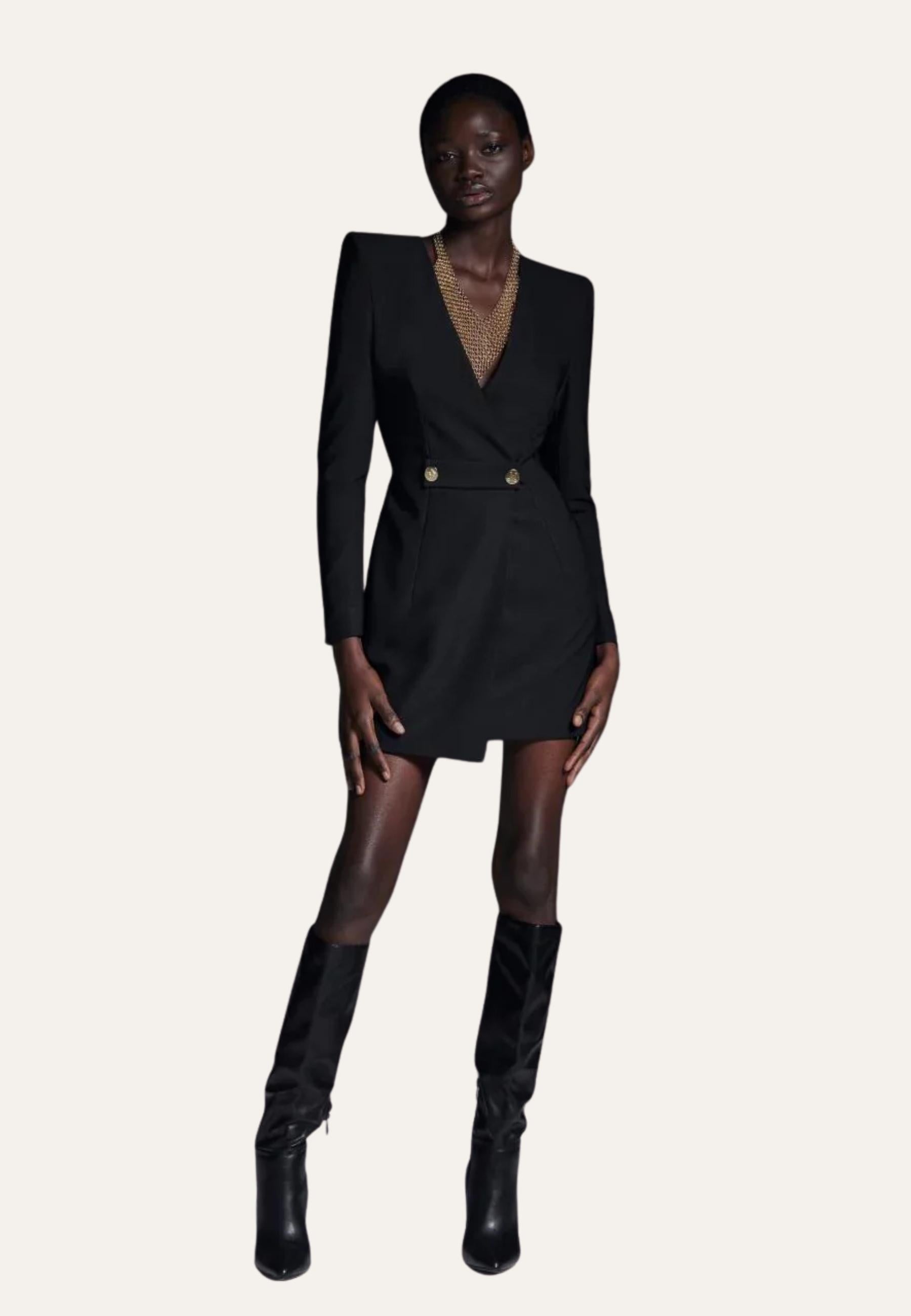 Monique Garçonne Abito Mini Aderente in Twill Tecnico con Bottoni Oro Nero