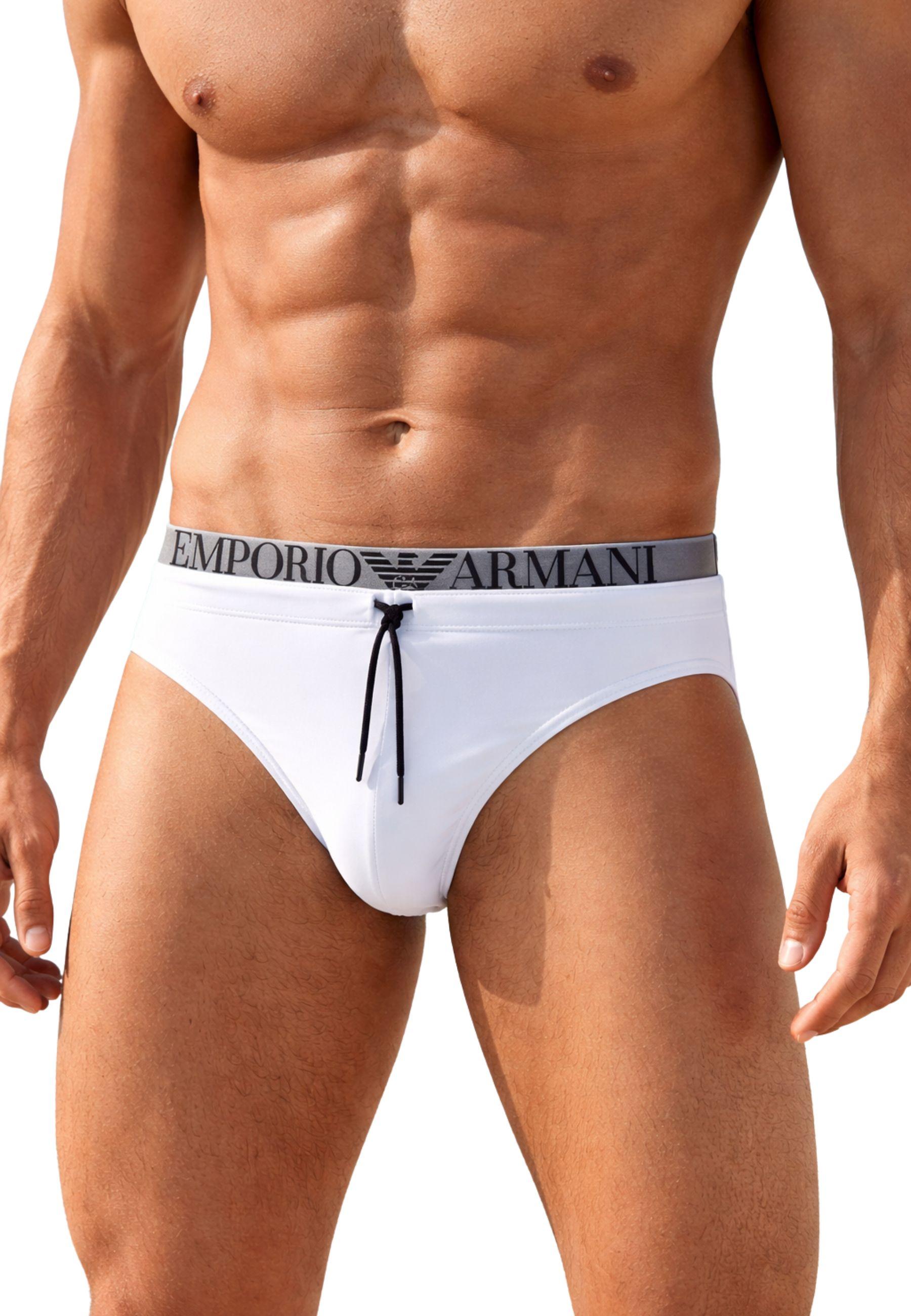 Emporio Armani - Slip mare bianco con coulisse e logo jacquard