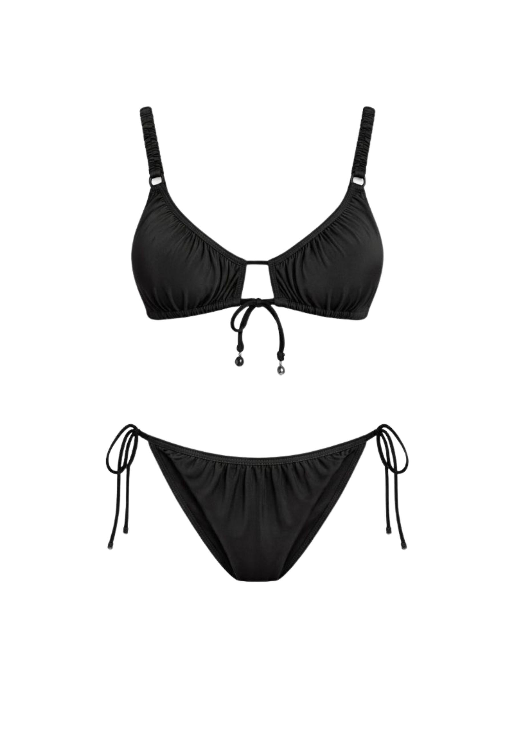 Bikini nero con top arricciato e slip con laccetti