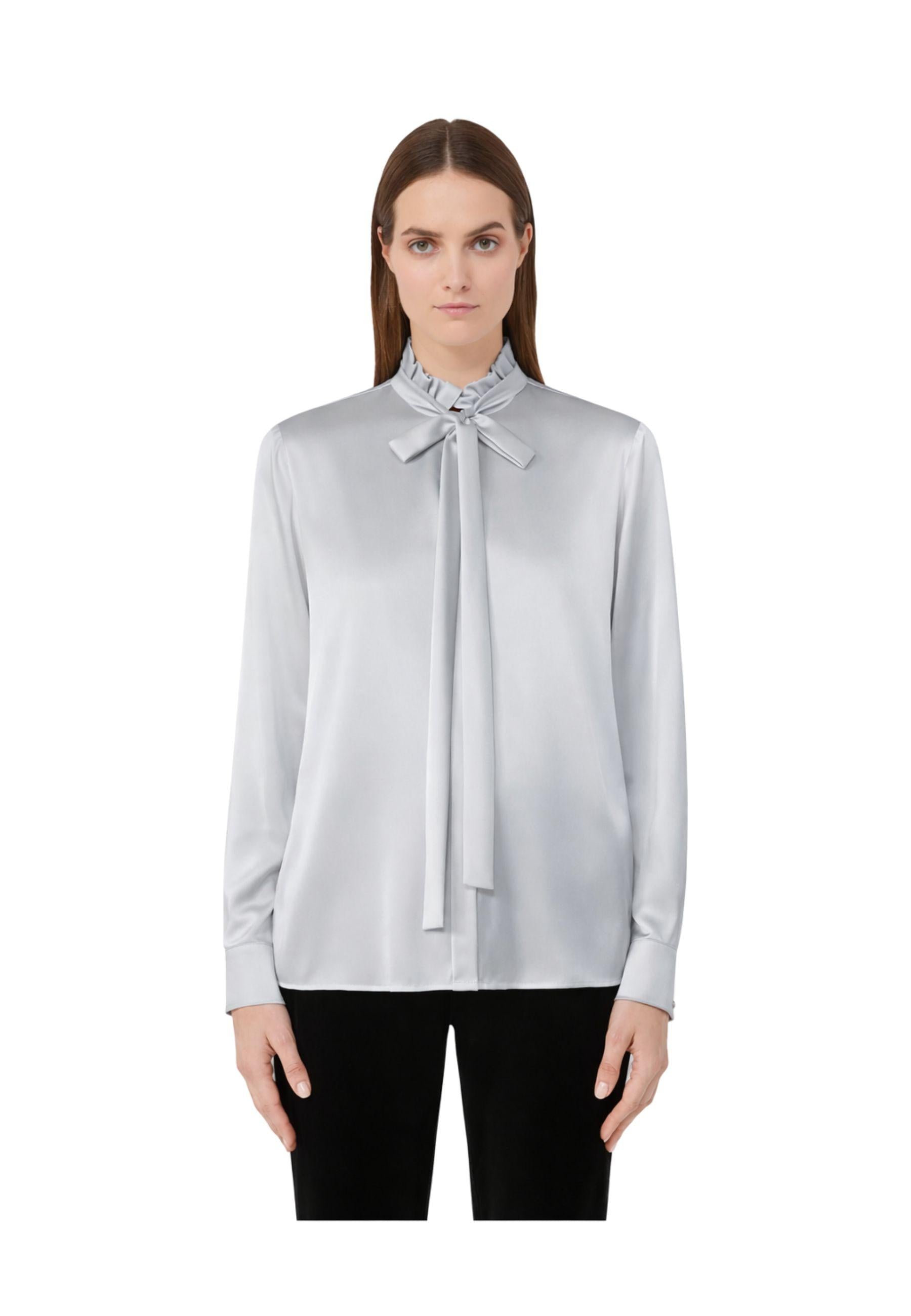 Blusa in raso di seta stretch con fiocco - Grigio perla