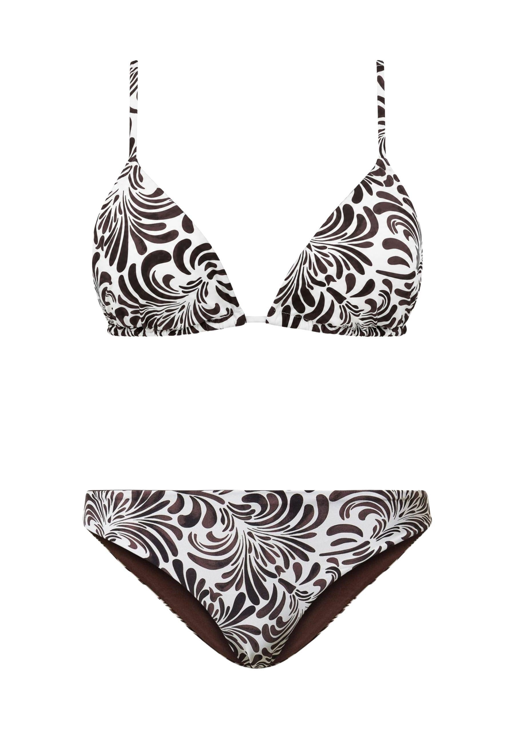 Bikini Triangolo Twinset Coppa B con Stampa Botanica e Slip Fianco Alto - Botanical Coffee Choc / Off White