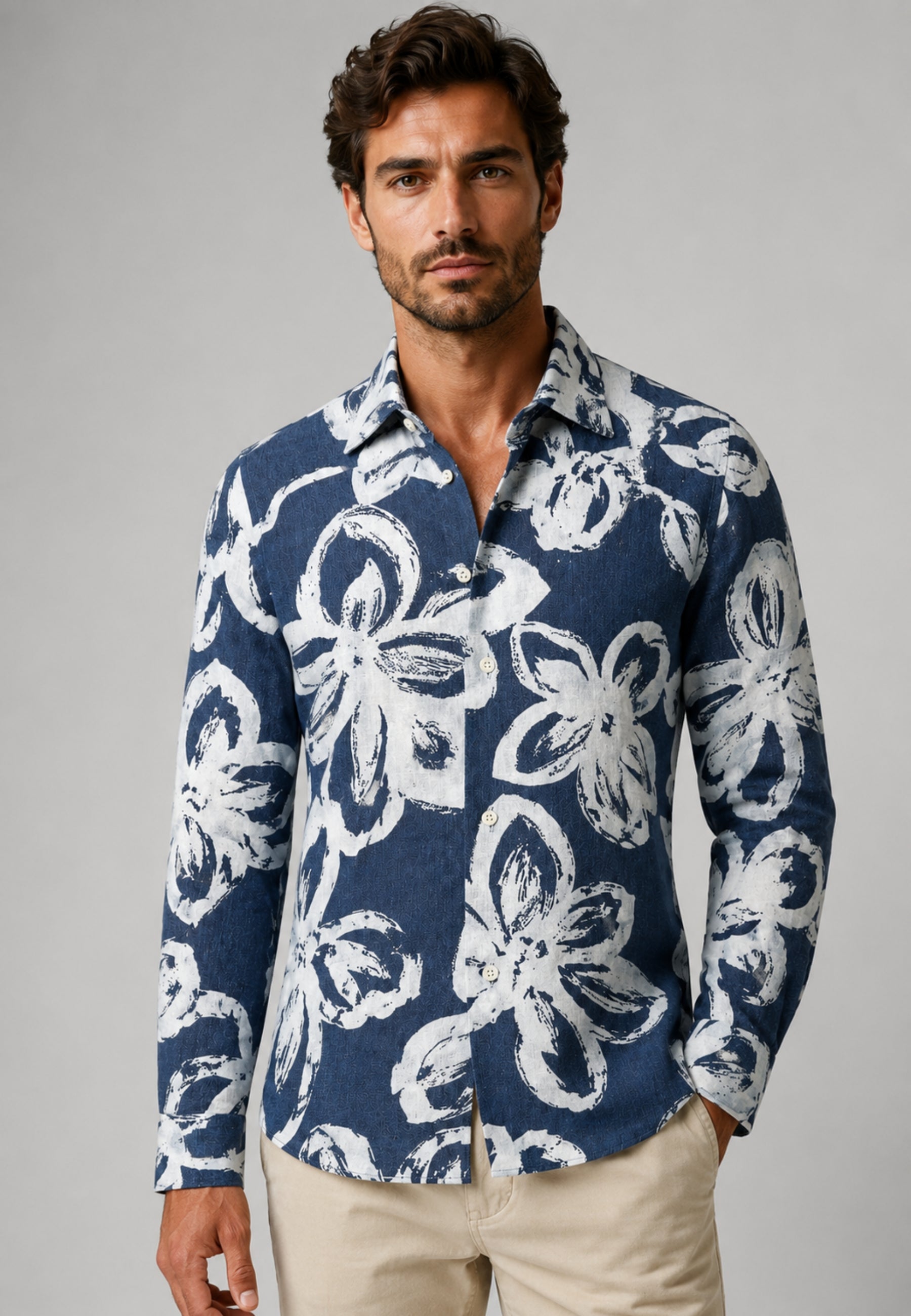 Alessandro Gherardi Camicia Uomo in Cotone e Lino con Fantasia Floreale 