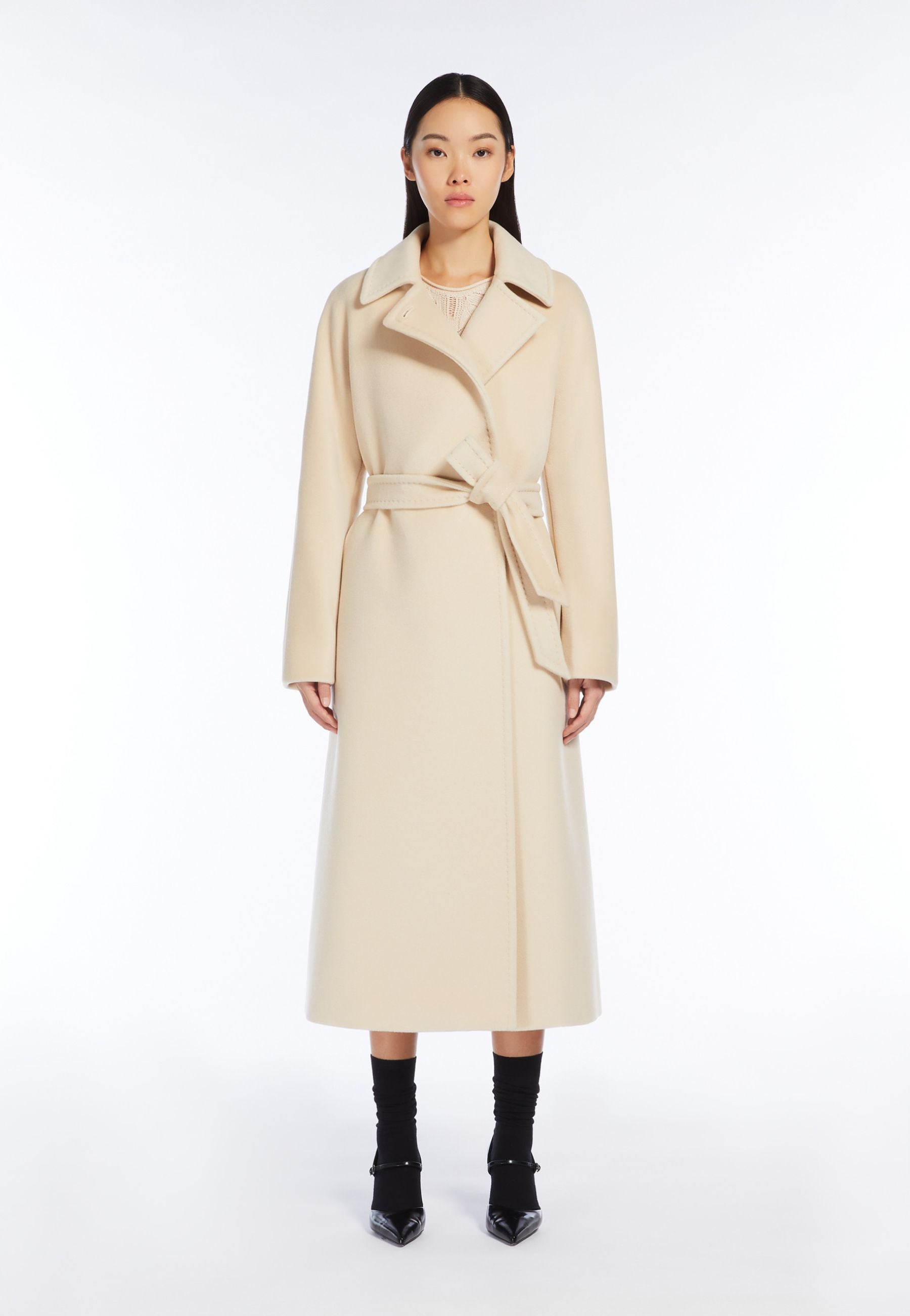 Max Mara Studio - Cappotto lungo in panno di castoro di pura lana vergine con cintura 